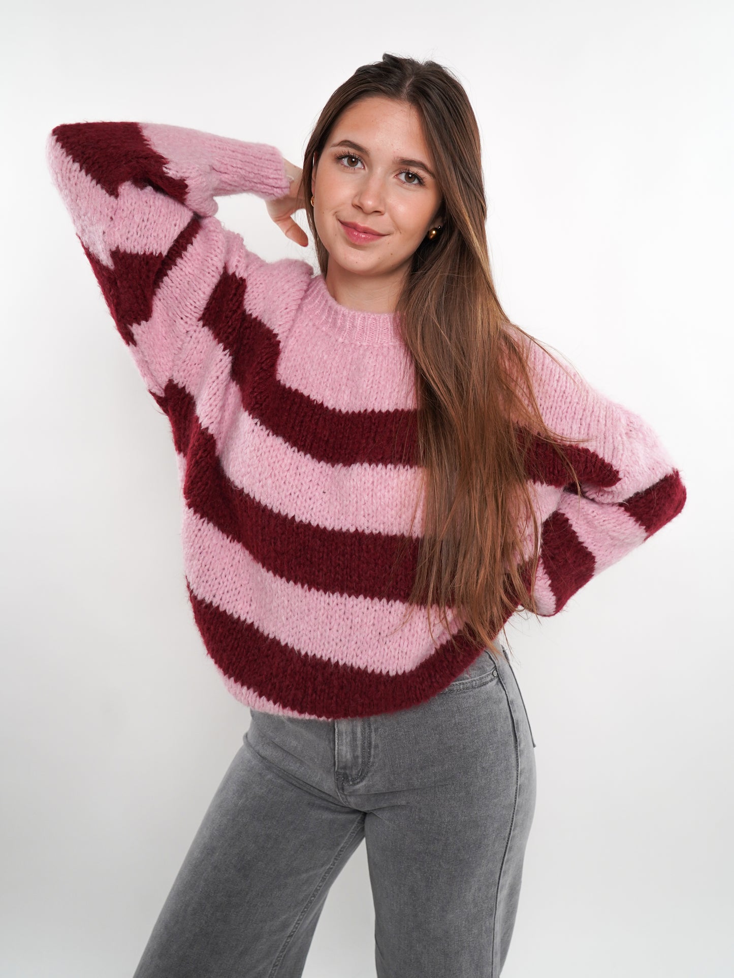 Strickpullover Meggi Stripes - Rosa/Dark Berry