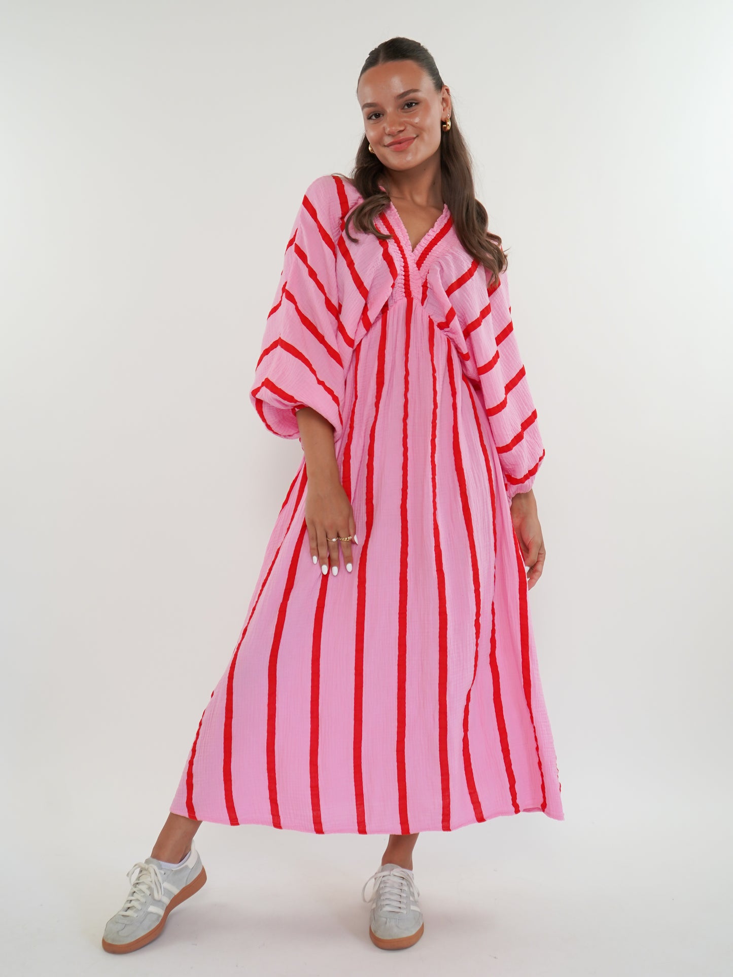 Best Moment Musselin Maxikleid Wide Stripes - Rosa/Rot