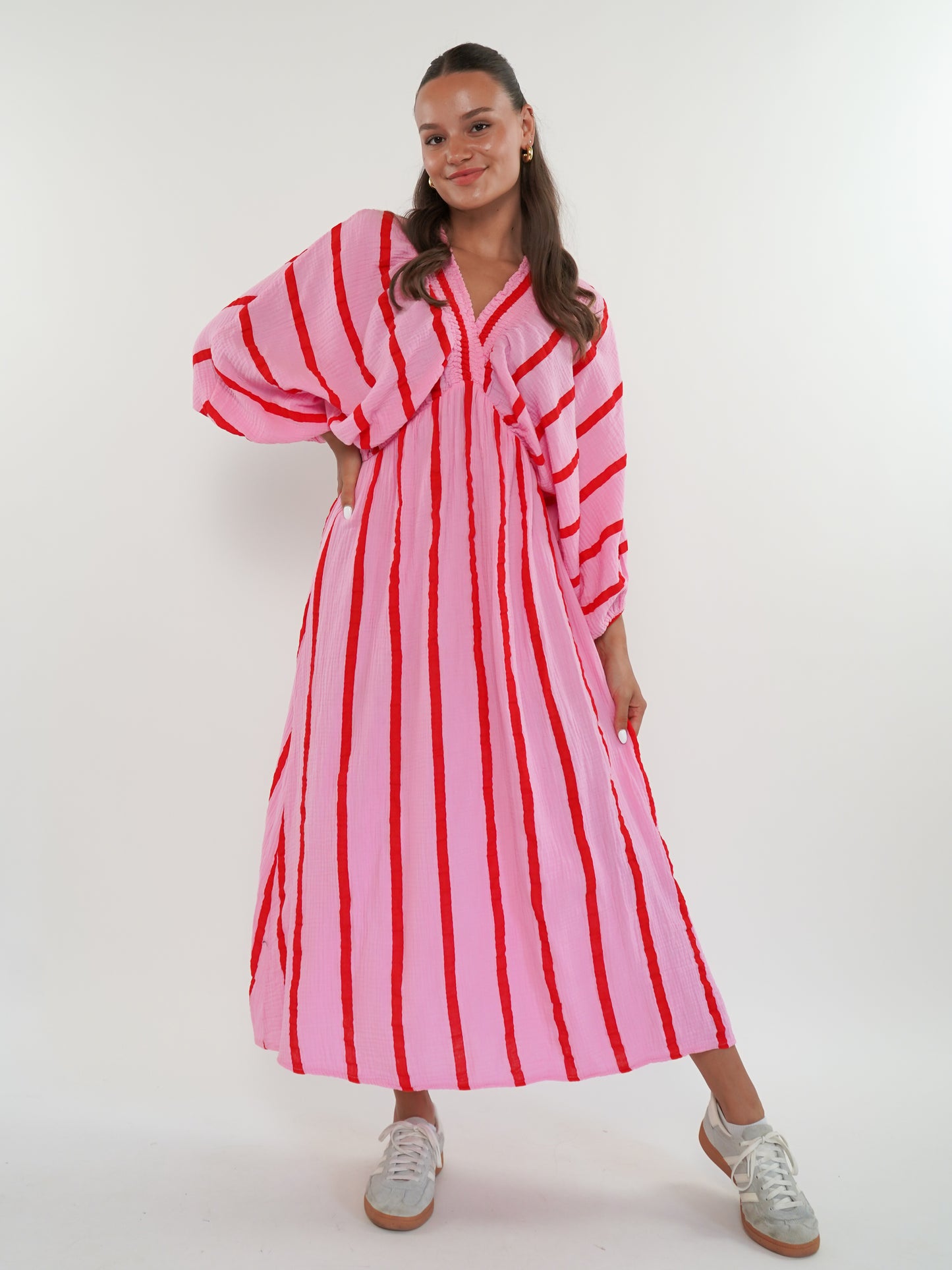 Best Moment Musselin Maxikleid Wide Stripes - Rosa/Rot