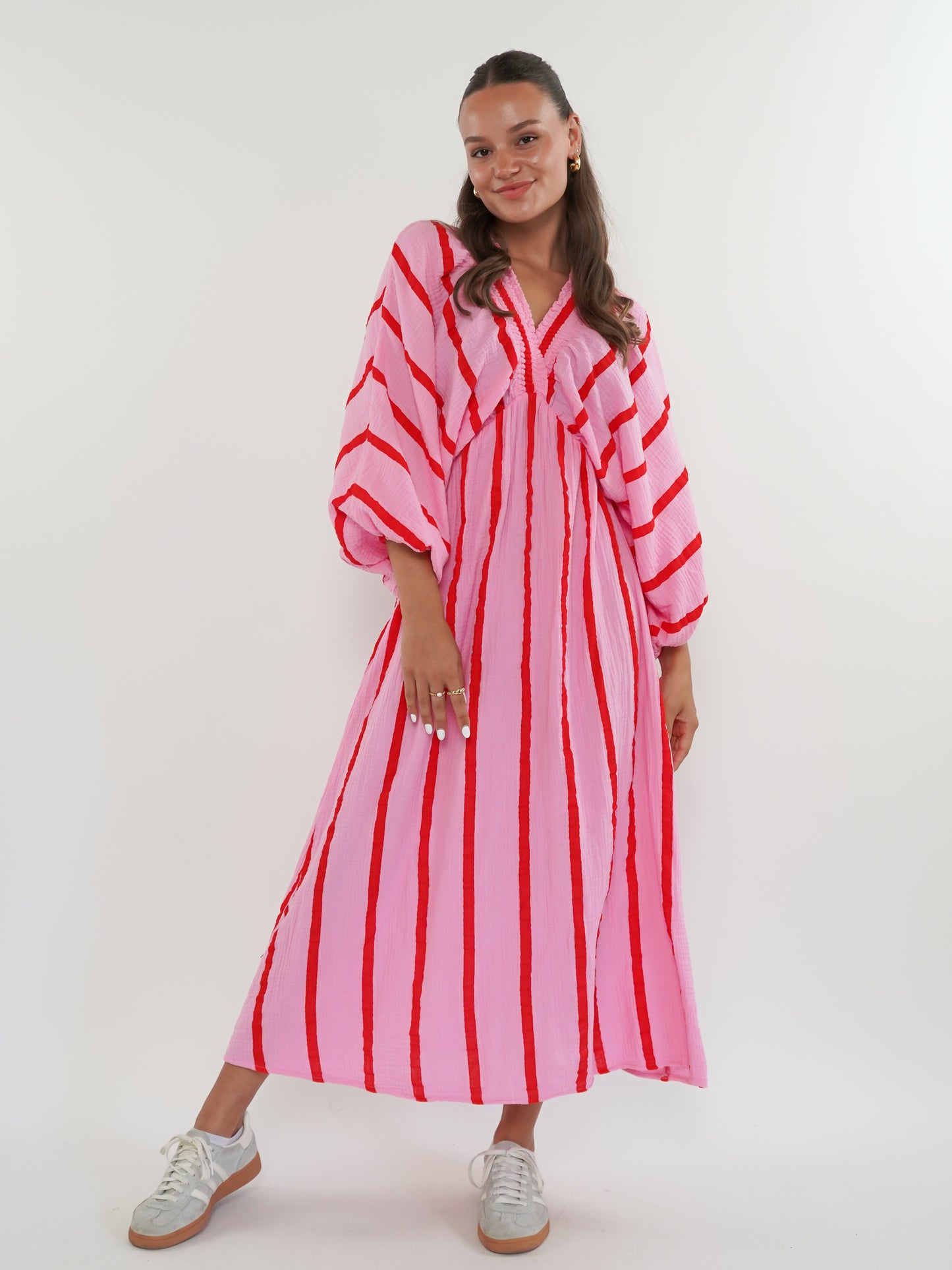 Best Moment Musselin Maxikleid Wide Stripes - Rosa/Rot