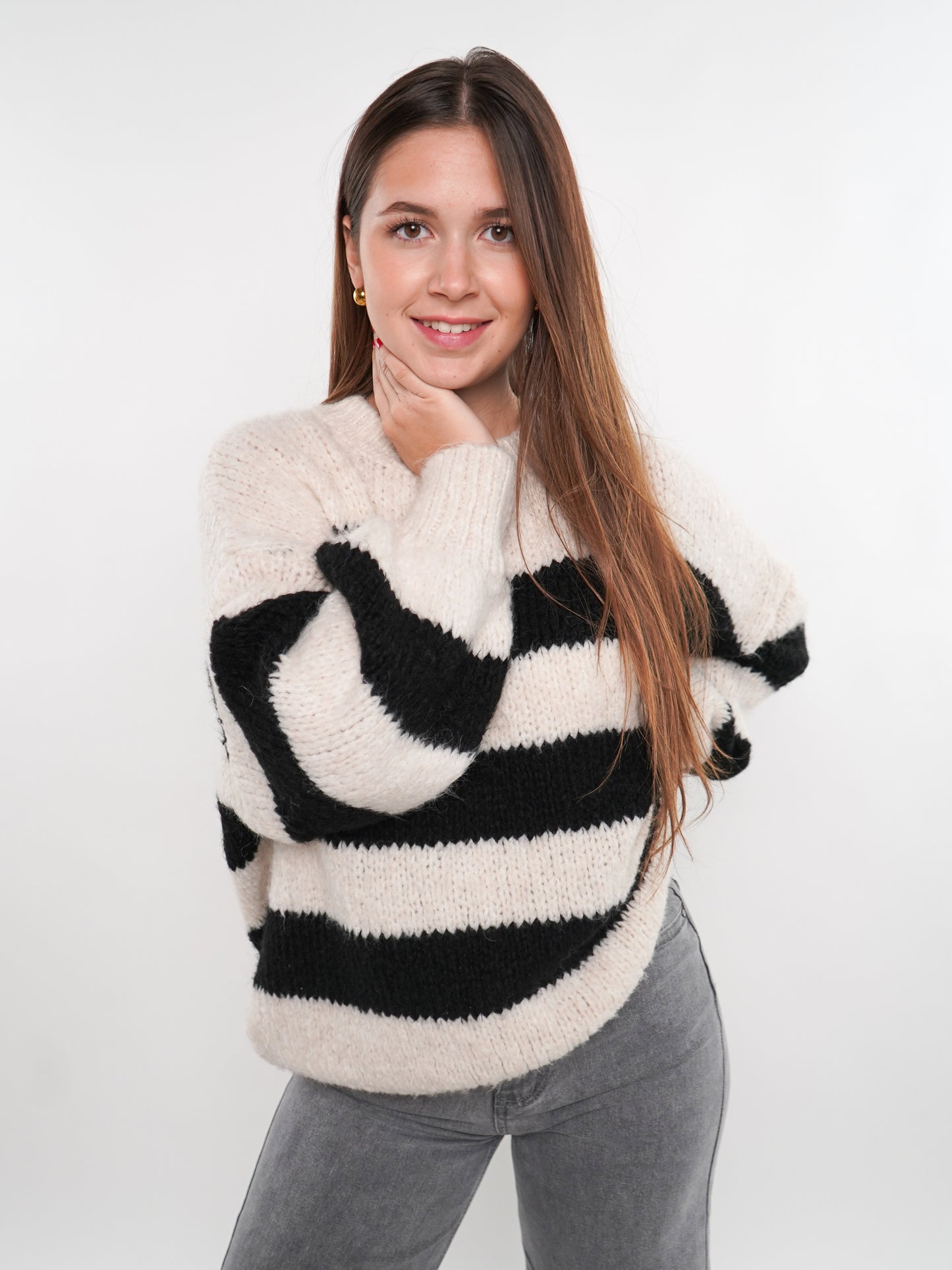 Strickpullover Meggi Stripes - Weiß mit Schwarz