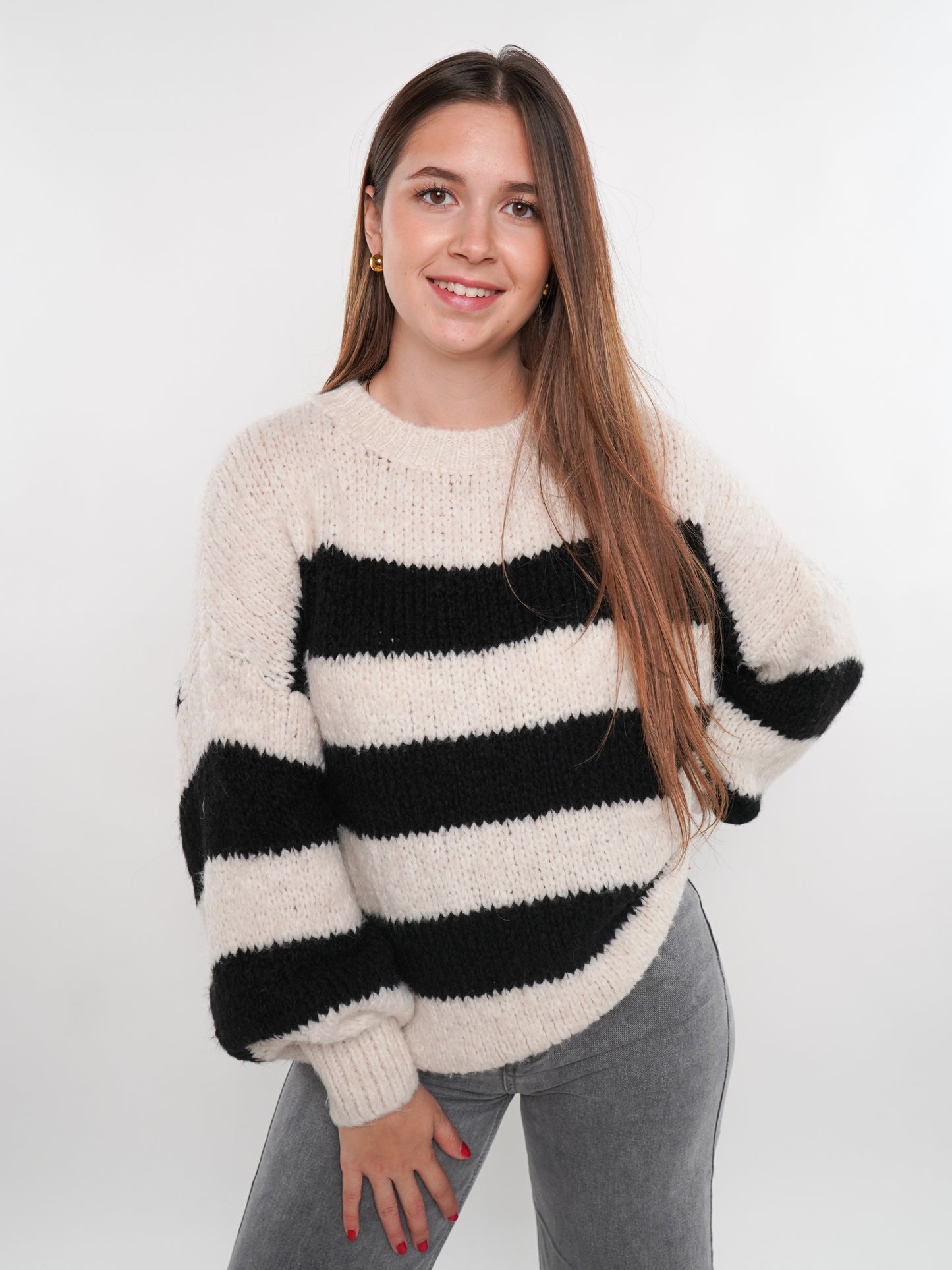 Strickpullover Meggi Stripes - Weiß mit Schwarz