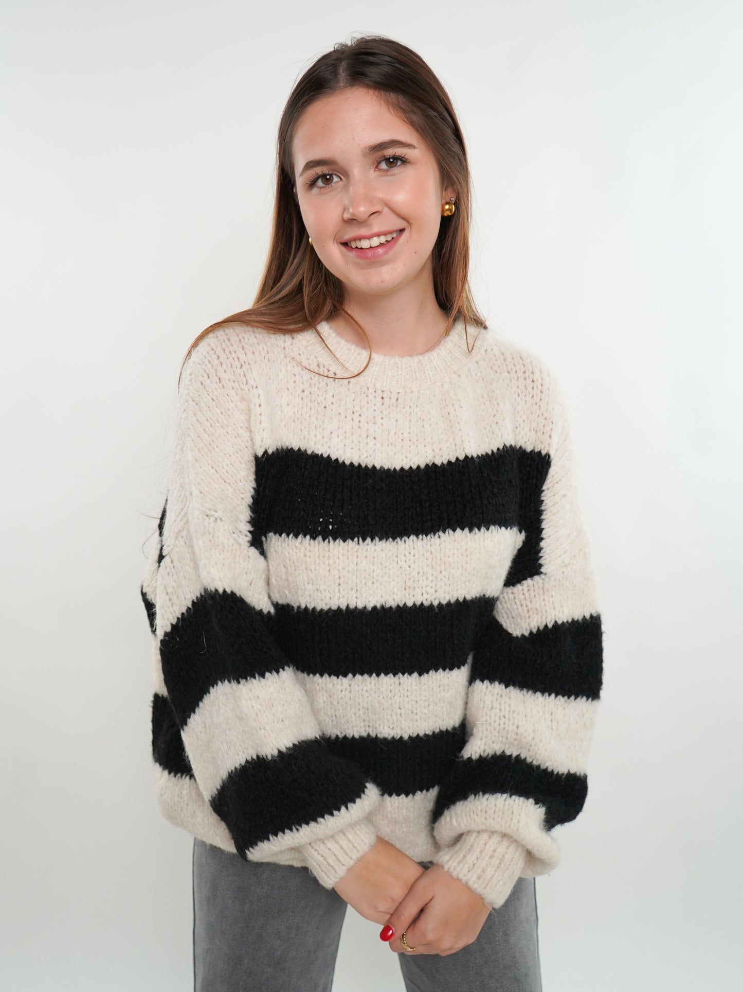 Strickpullover Meggi Stripes - Weiß mit Schwarz