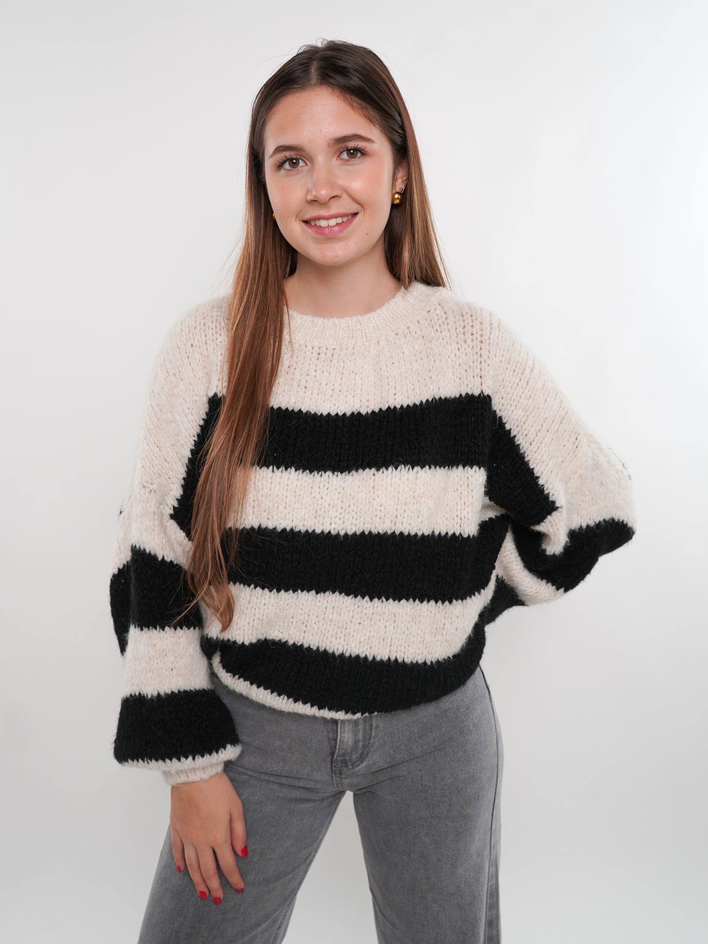 Strickpullover Meggi Stripes - Weiß mit Schwarz