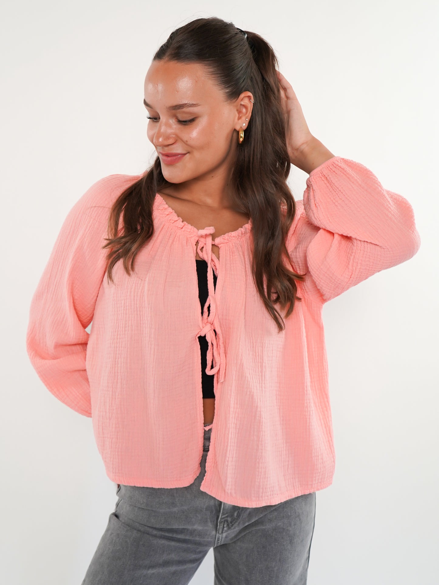 Musselin Bow Cardigan Mila - Puderkoralle