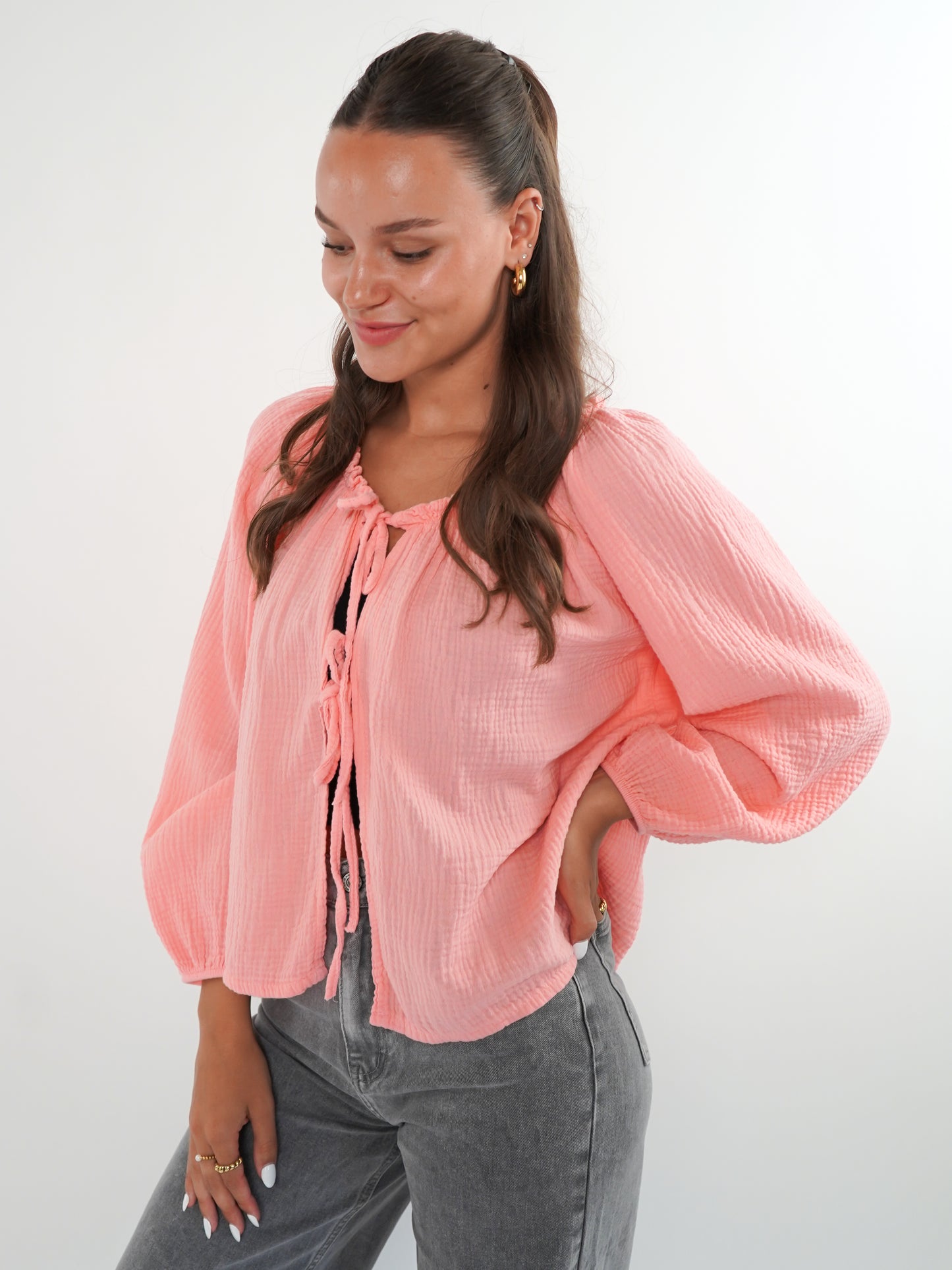 Musselin Bow Cardigan Mila - Puderkoralle