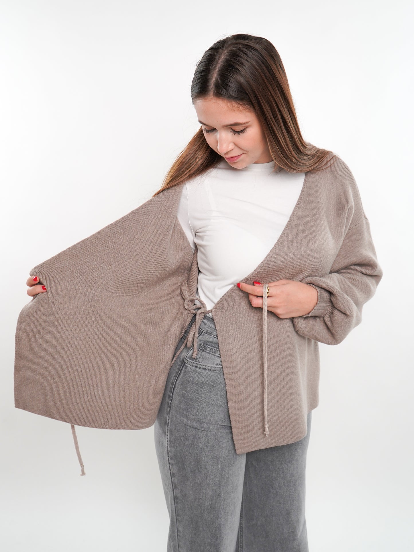 Cardigan in Wickeloptik - Braunbeige