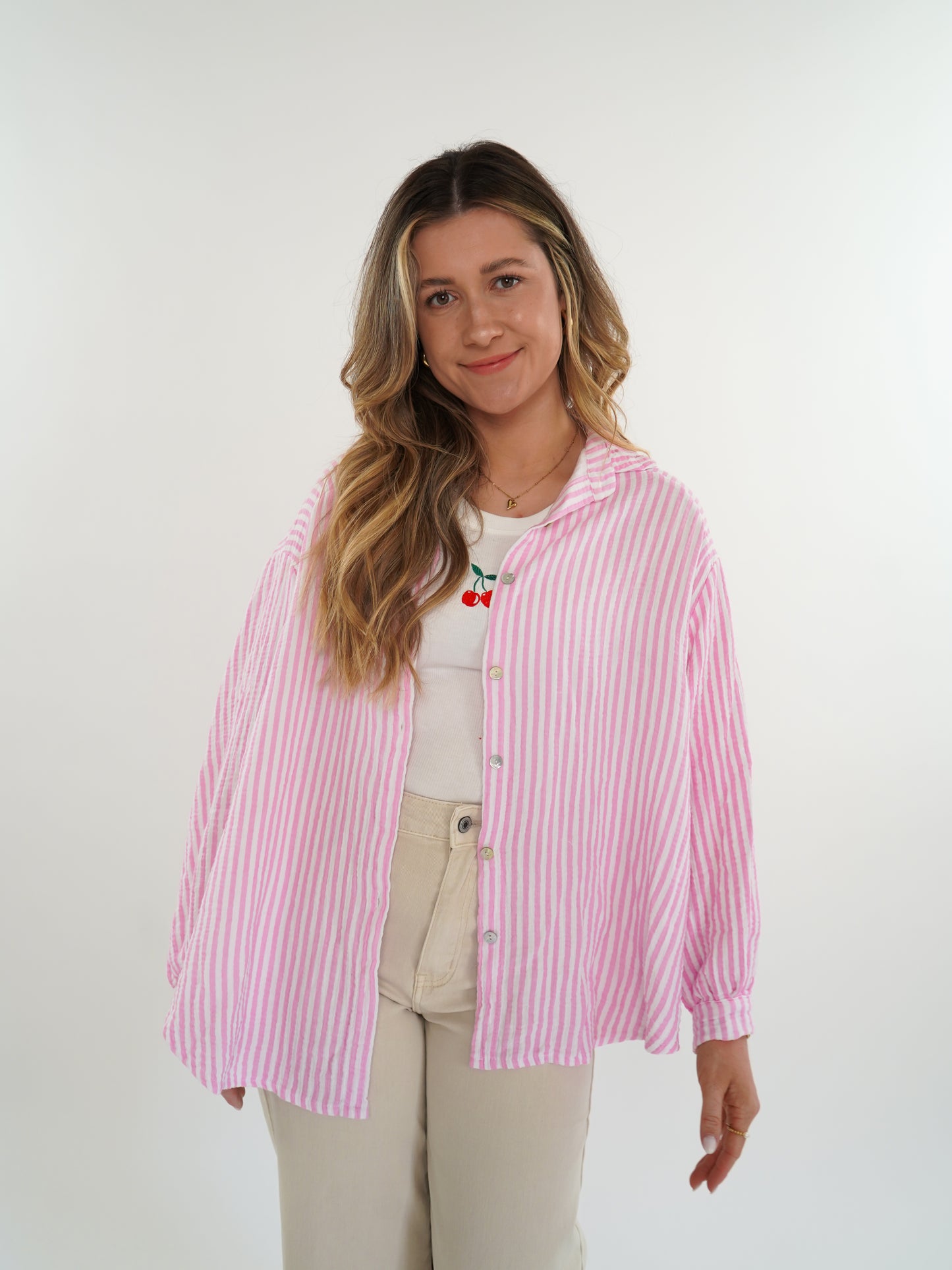 Musselinbluse Stripes kurz - Rosa