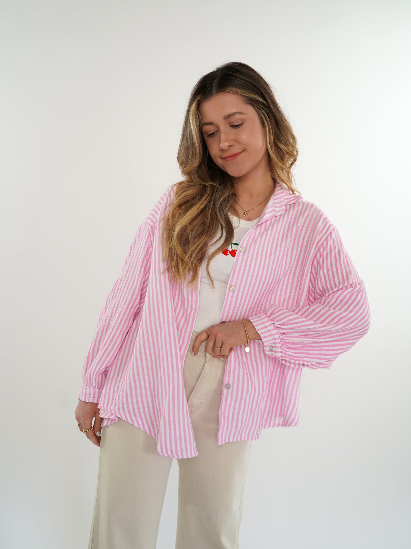 Musselinbluse Stripes kurz - Rosa