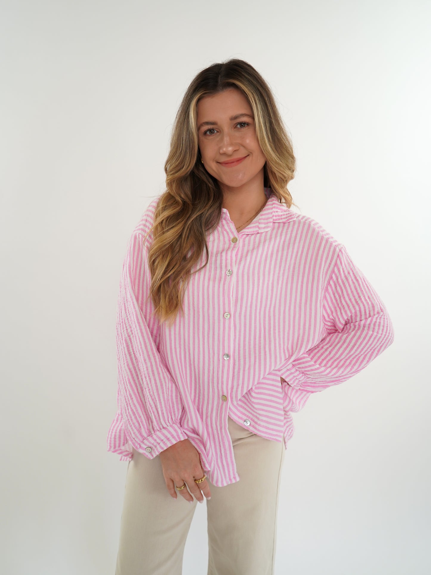 Musselinbluse Stripes kurz - Rosa