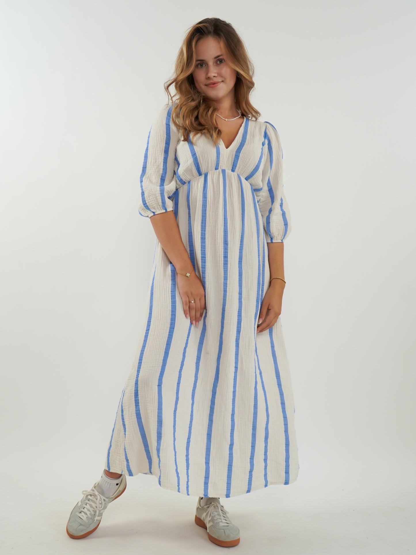 Musselin Midikleid Milos Wide Stripes -  Blau/Weiß