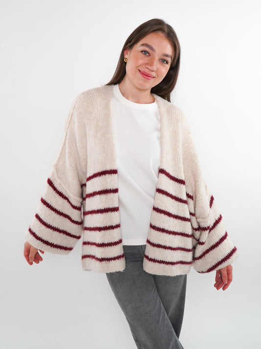 Cozy Strickjacke Felina Stripes - Weiß mit Bordeaux