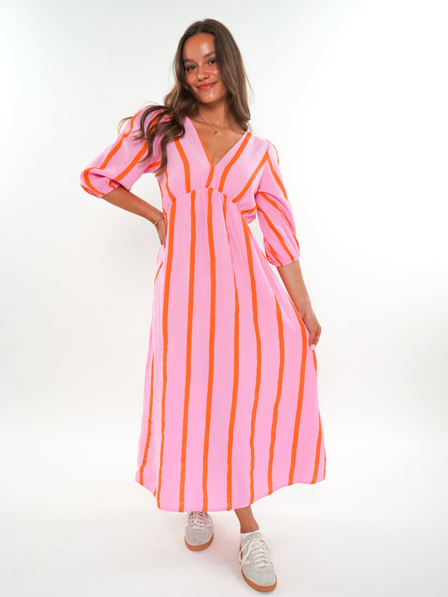 Musselin Midikleid Milos Wide Stripes - Rosa/Orange