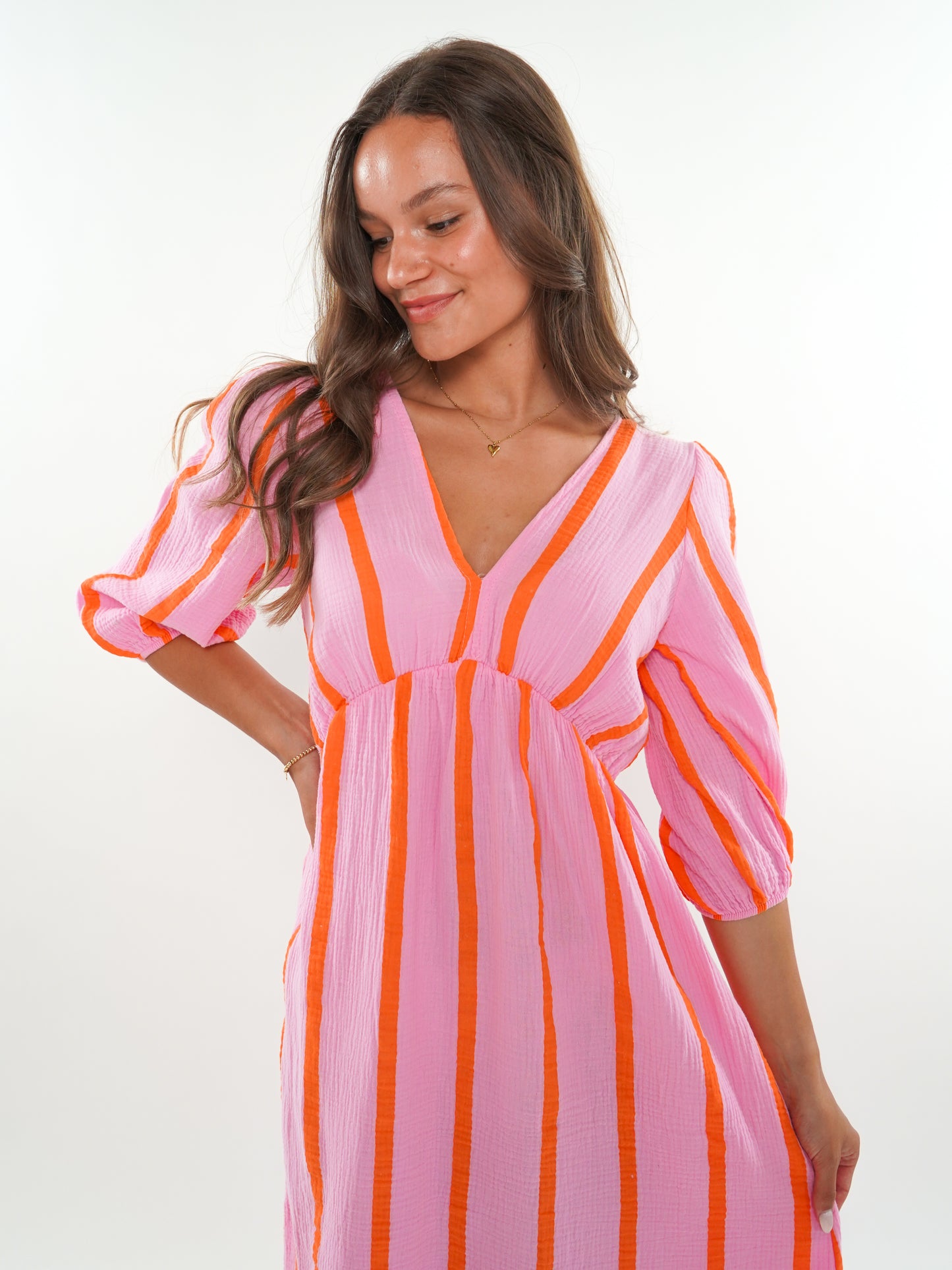 Musselin Midikleid Milos Wide Stripes - Rosa/Orange