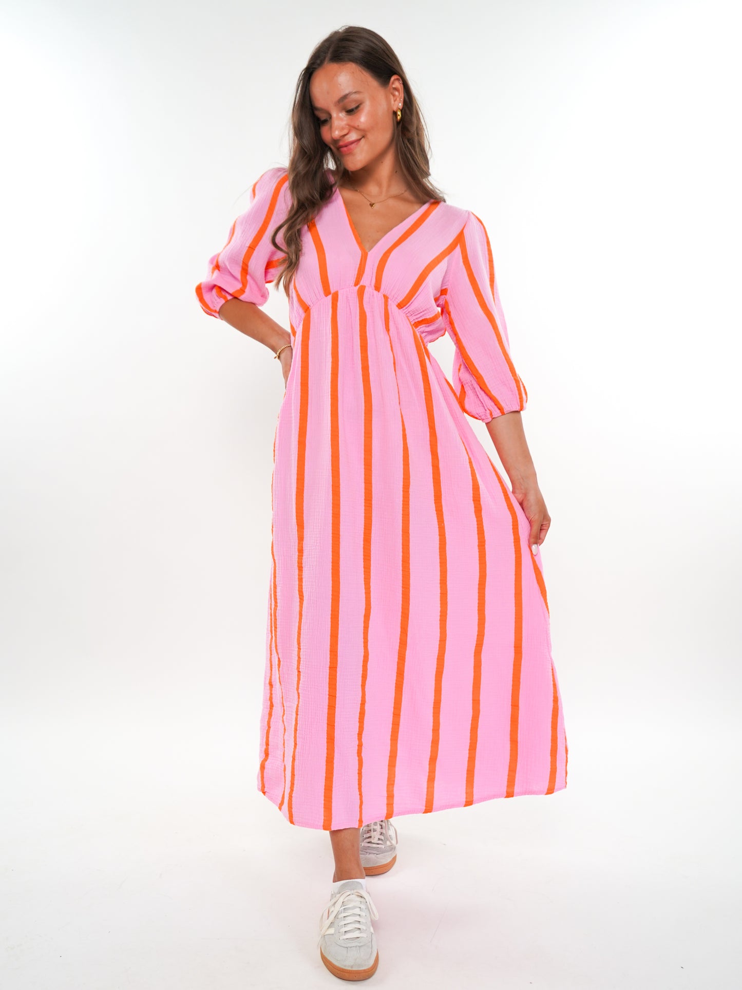 Musselin Midikleid Milos Wide Stripes - Rosa/Orange