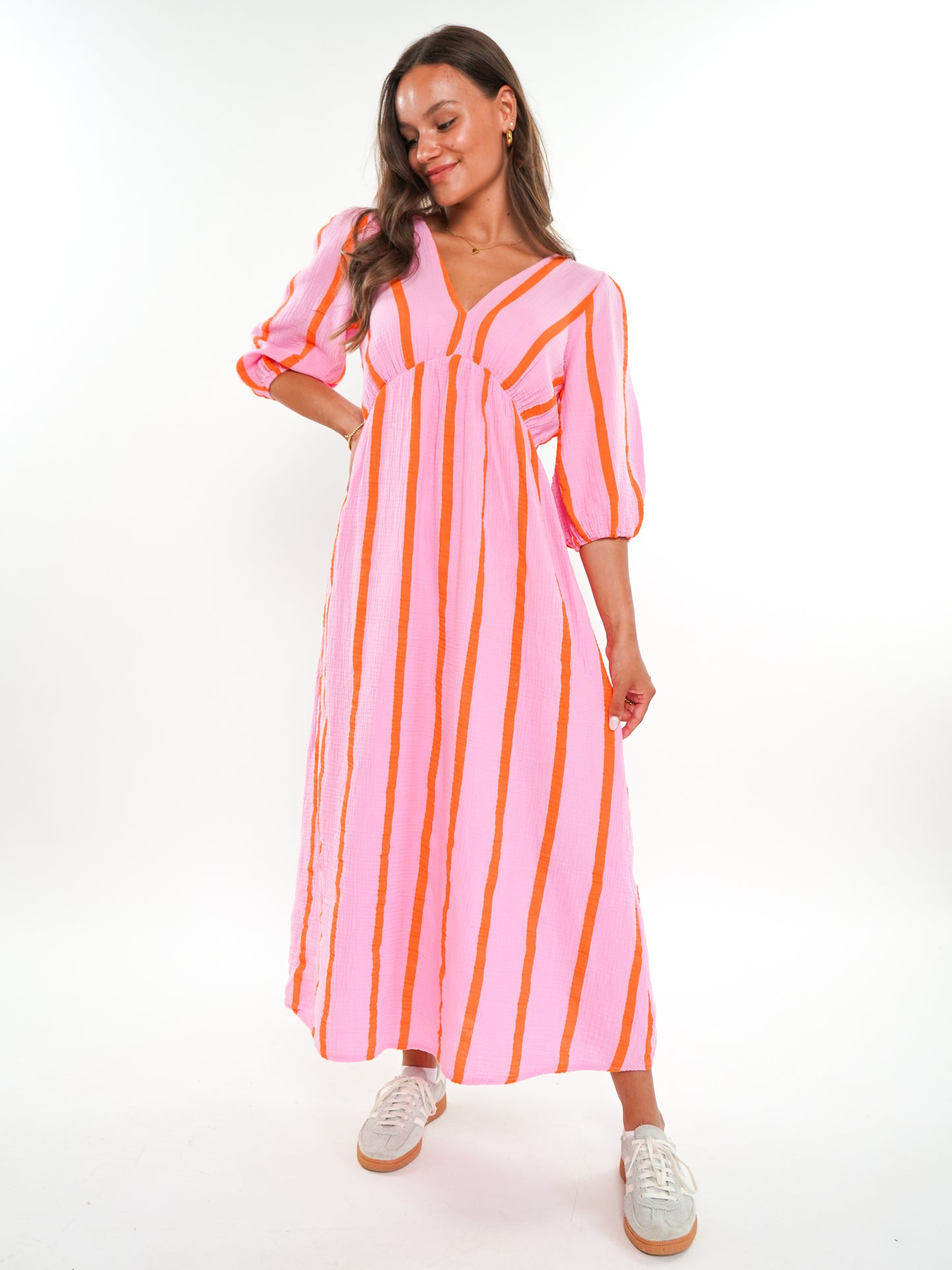 Musselin Midikleid Milos Wide Stripes - Rosa/Orange