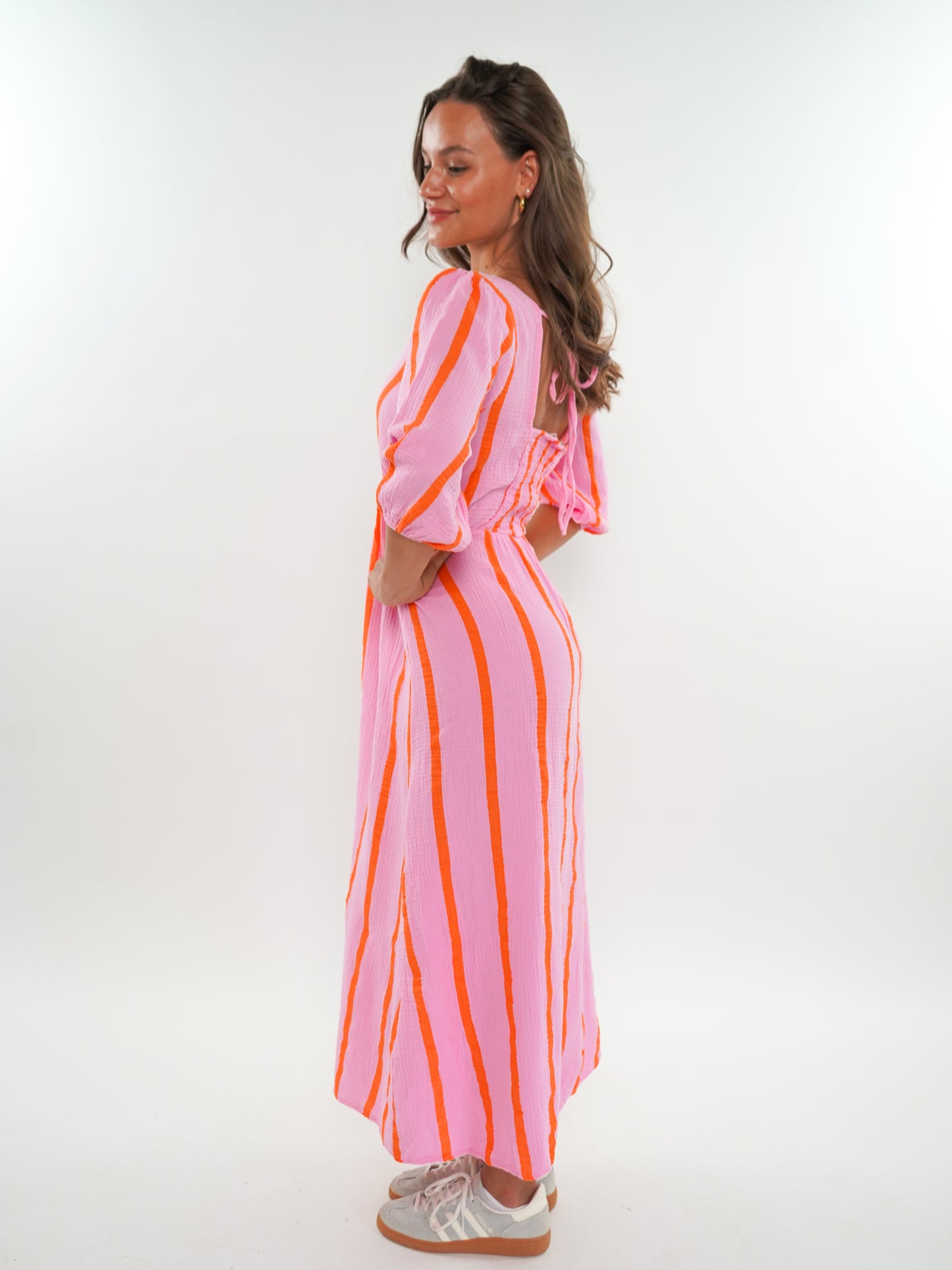 Musselin Midikleid Milos Wide Stripes - Rosa/Orange