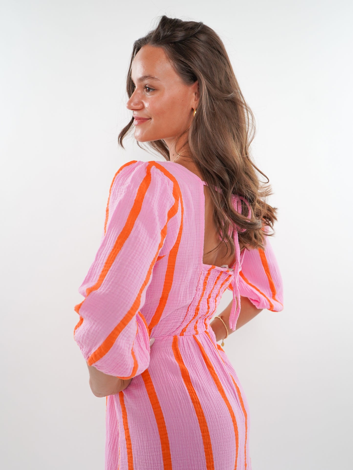 Musselin Midikleid Milos Wide Stripes - Rosa/Orange