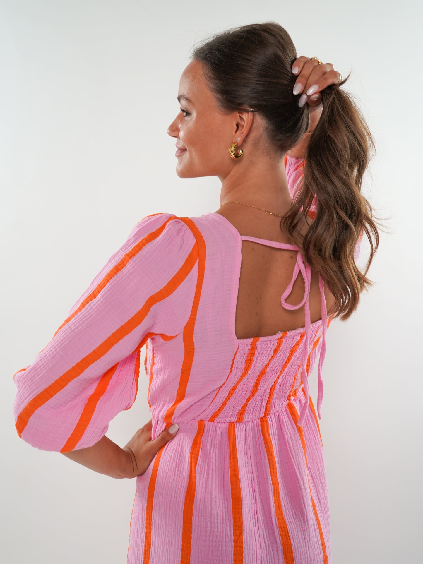 Musselin Midikleid Milos Wide Stripes - Rosa/Orange