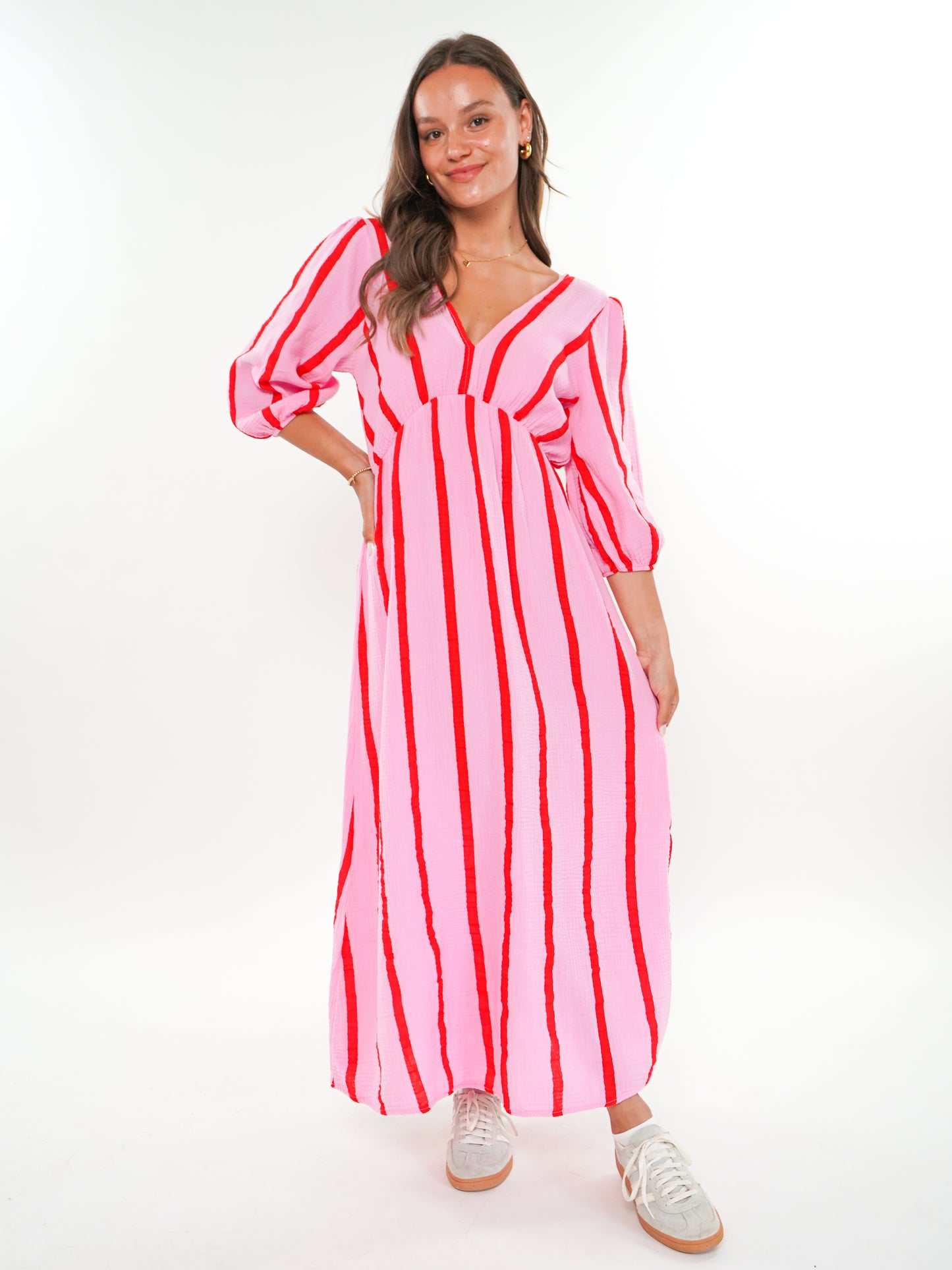 Musselin Midikleid Milos Wide Stripes - Rosa/Rot