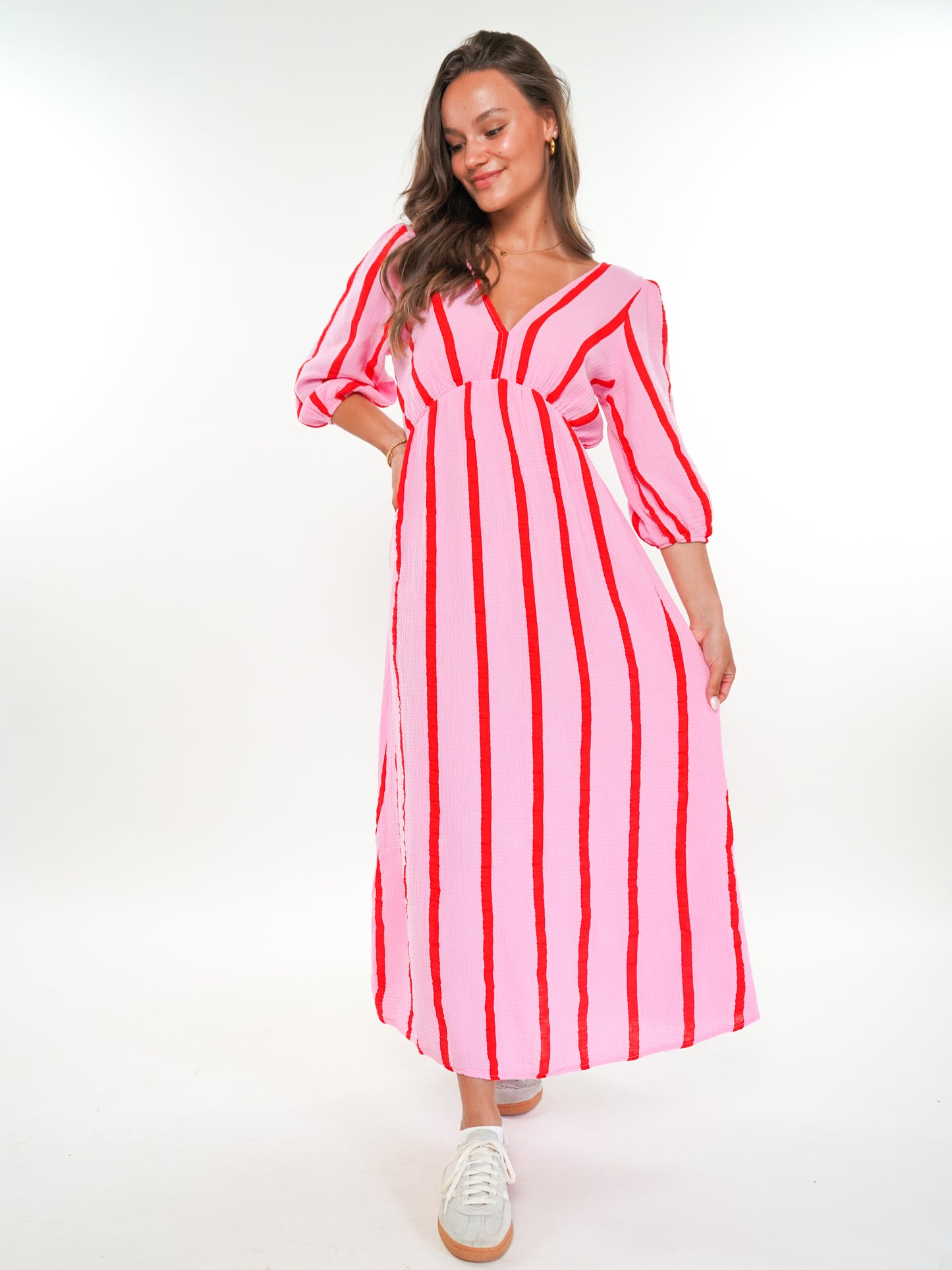 Musselin Midikleid Milos Wide Stripes - Rosa/Rot