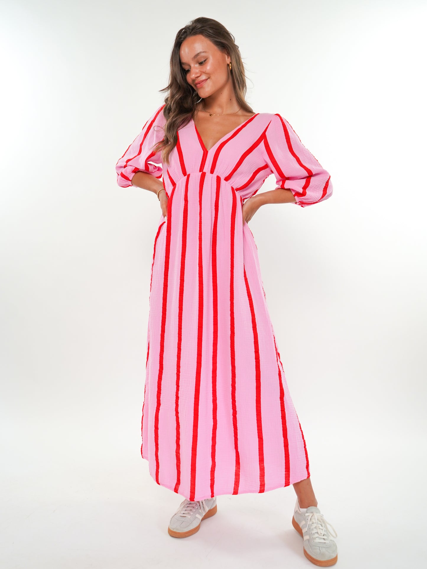 Musselin Midikleid Milos Wide Stripes - Rosa/Rot