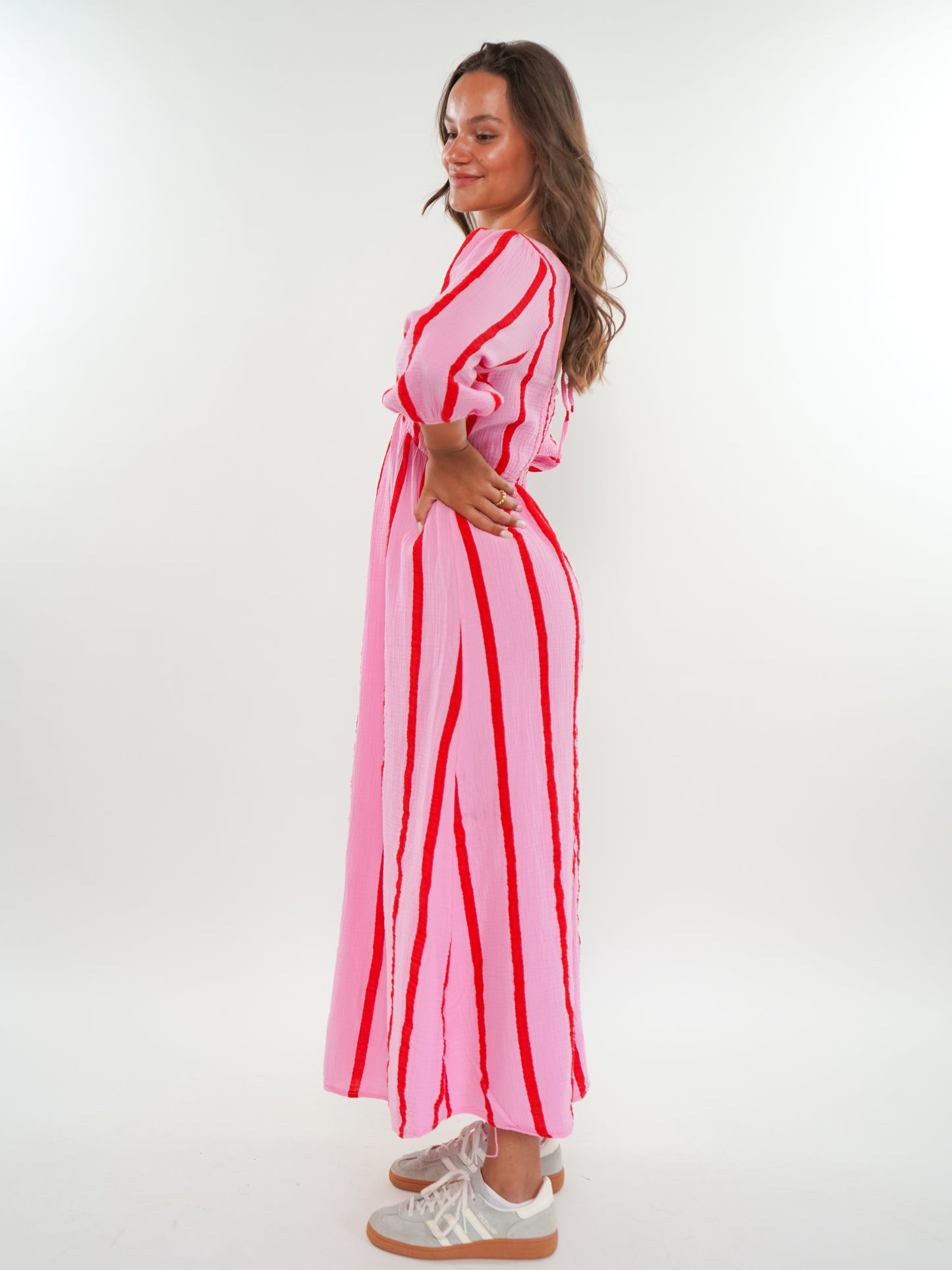 Musselin Midikleid Milos Wide Stripes - Rosa/Rot