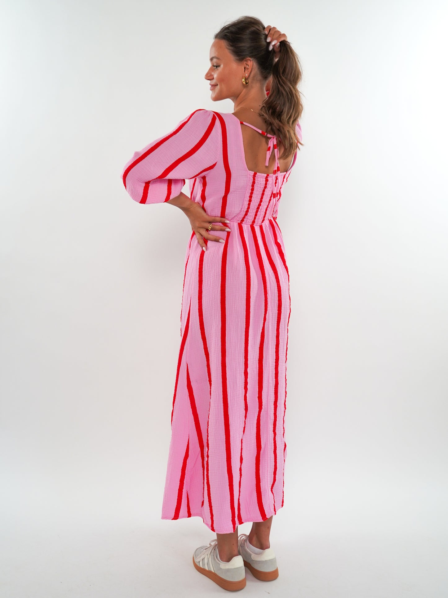 Musselin Midikleid Milos Wide Stripes - Rosa/Rot