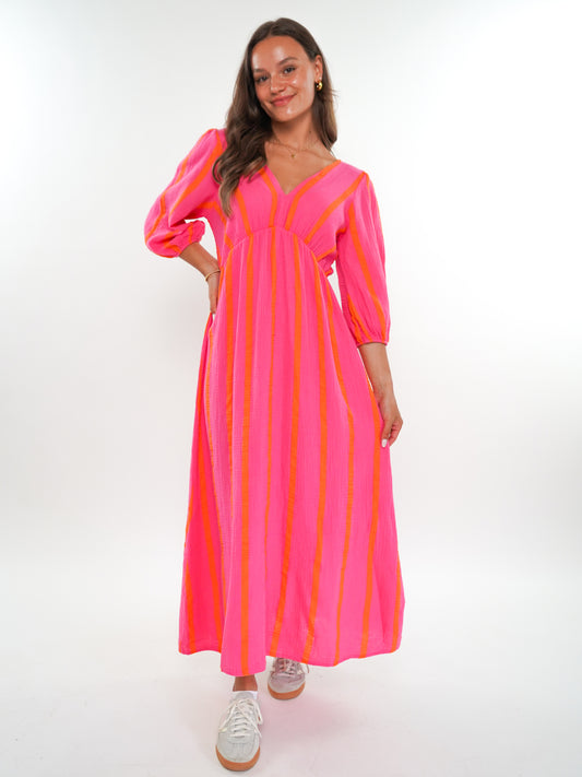 Musselin Midikleid Milos Wide Stripes - Pink/Orange