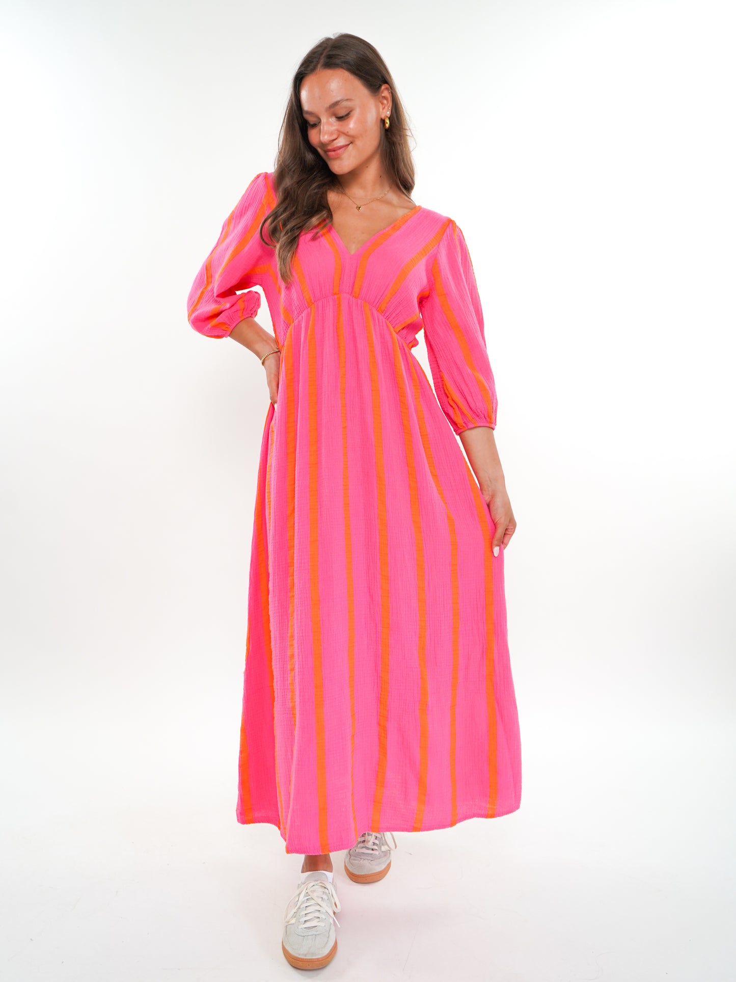 Musselin Midikleid Milos Wide Stripes - Pink/Orange