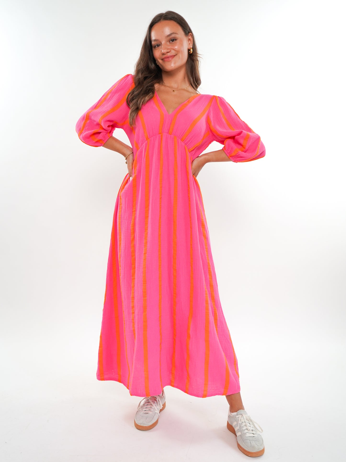 Musselin Midikleid Milos Wide Stripes - Pink/Orange