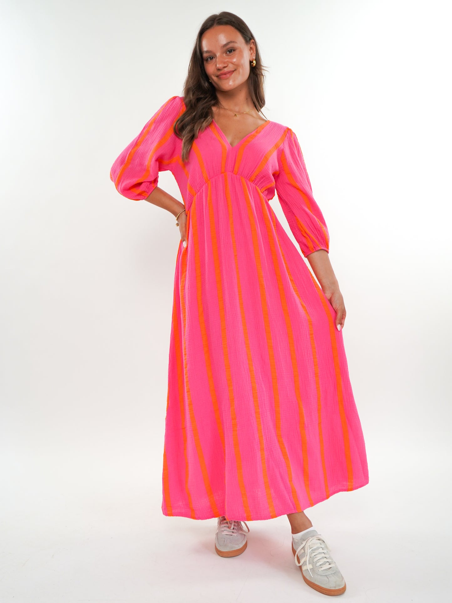 Musselin Midikleid Milos Wide Stripes - Pink/Orange