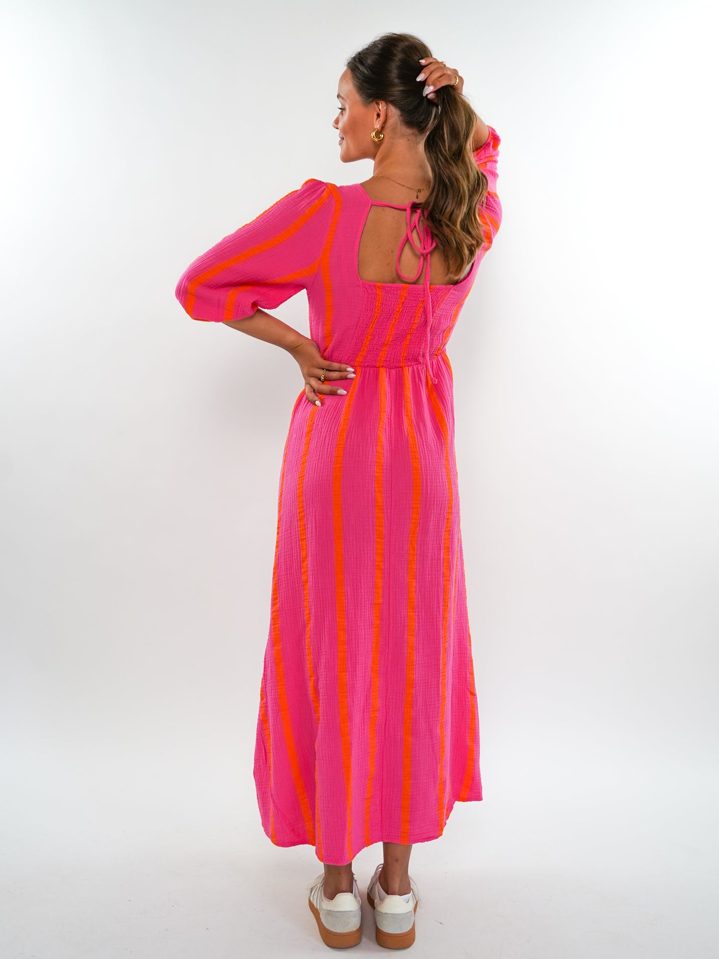 Musselin Midikleid Milos Wide Stripes - Pink/Orange