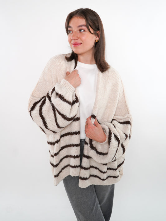 Cozy Strickjacke Felina Stripes - Weiß mit Braun