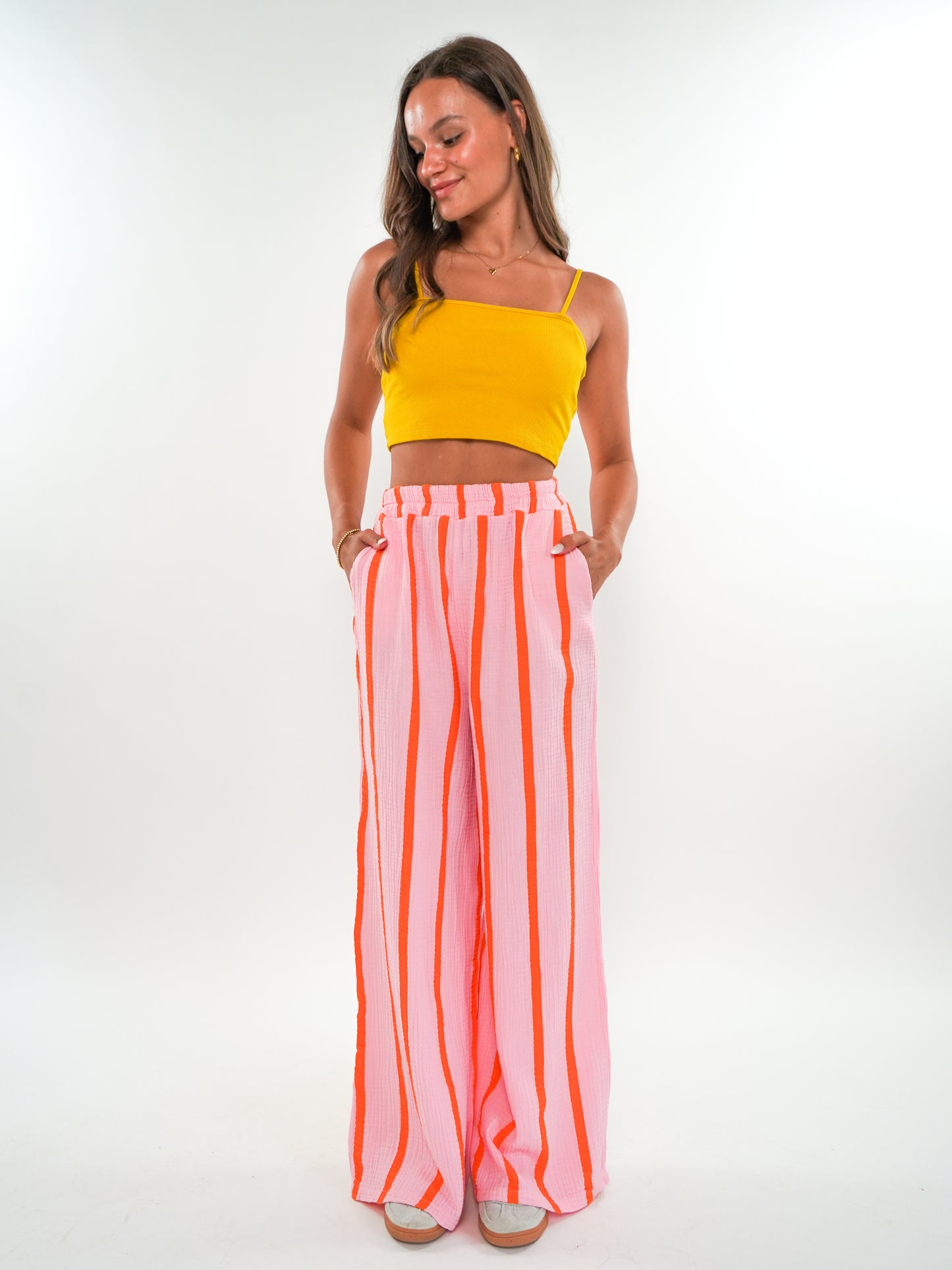 Musselinhose Medium Wide Stripes - Rosa/Orange