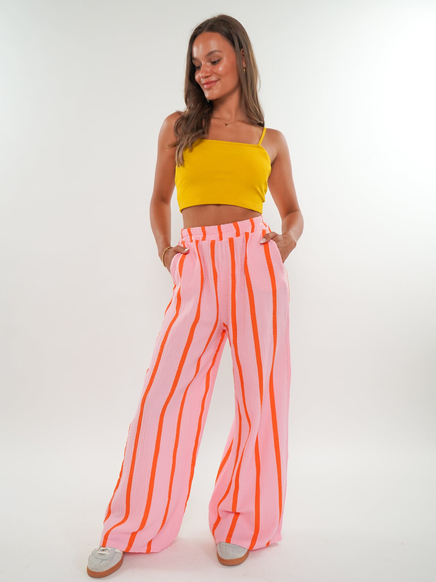 Musselinhose Medium Wide Stripes - Rosa/Orange