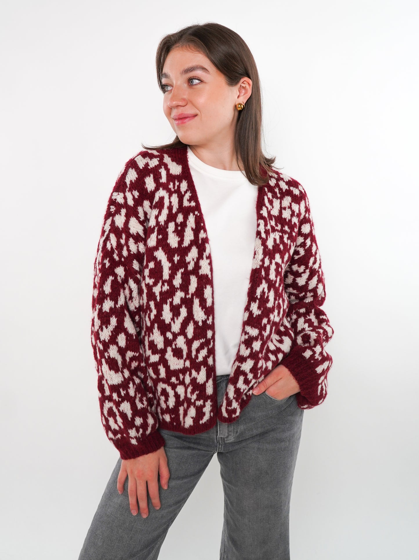 Knit Cardigan Leo - Dark Berry/Weiß