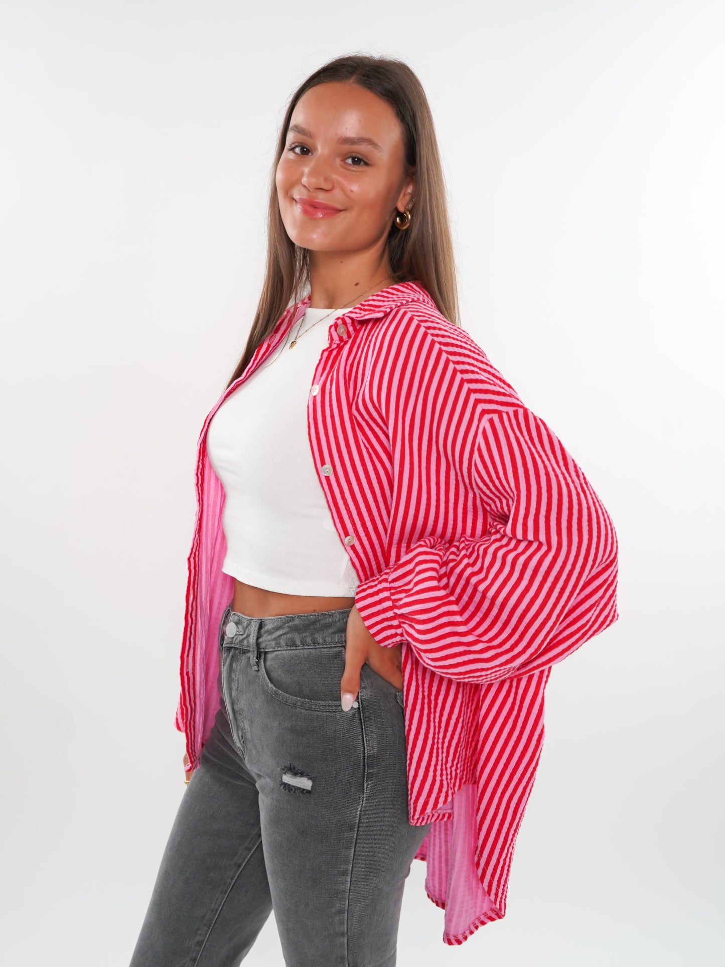 Musselinbluse Stripes kurz - Rosa/Rot