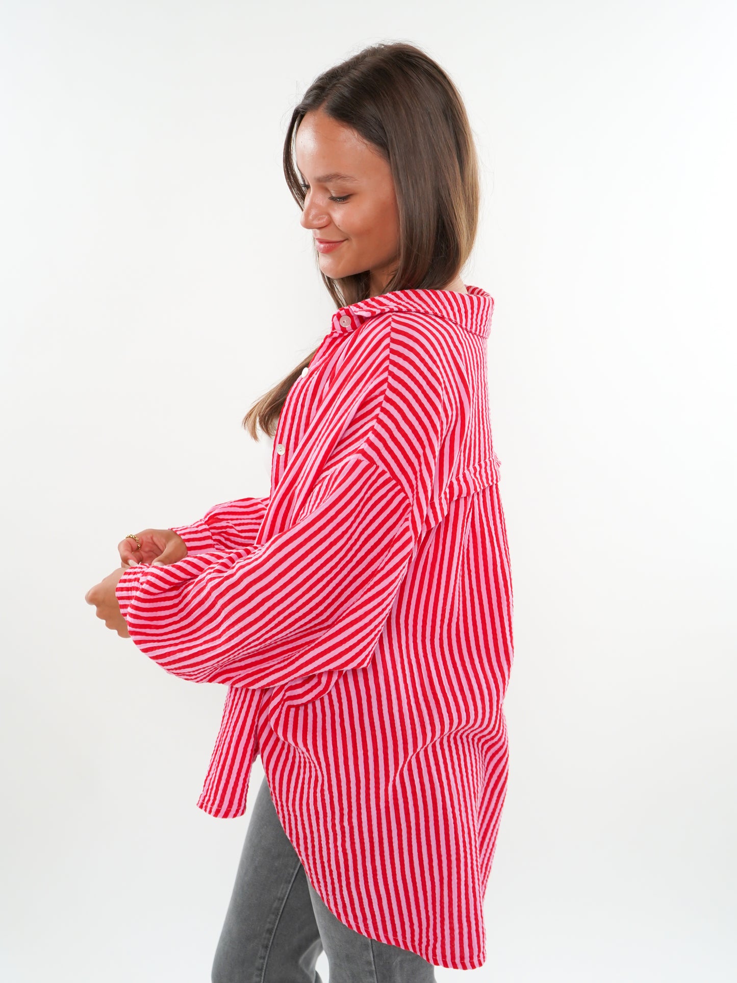 Musselinbluse Stripes kurz - Rosa/Rot