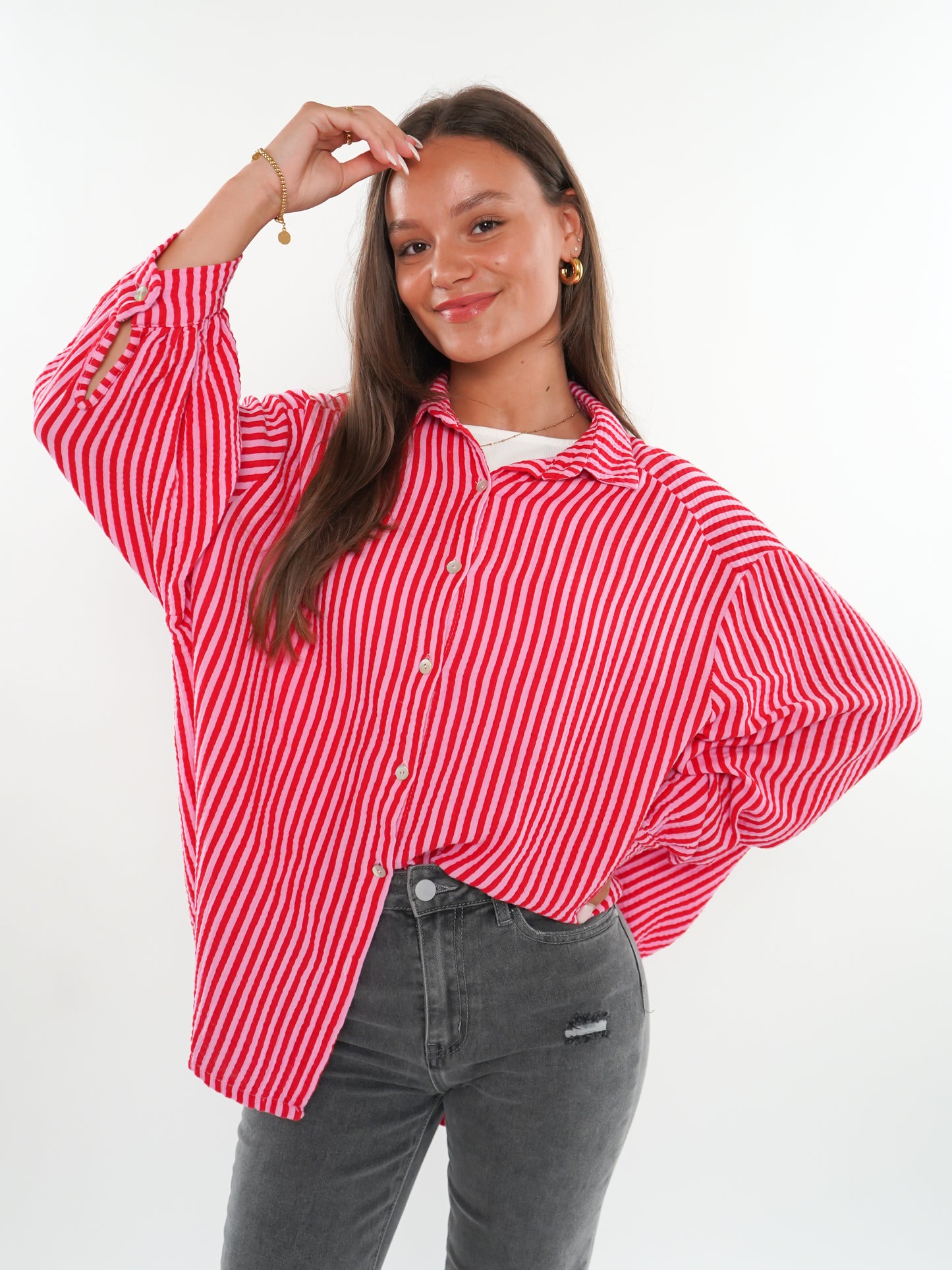 Musselinbluse Stripes kurz - Rosa/Rot