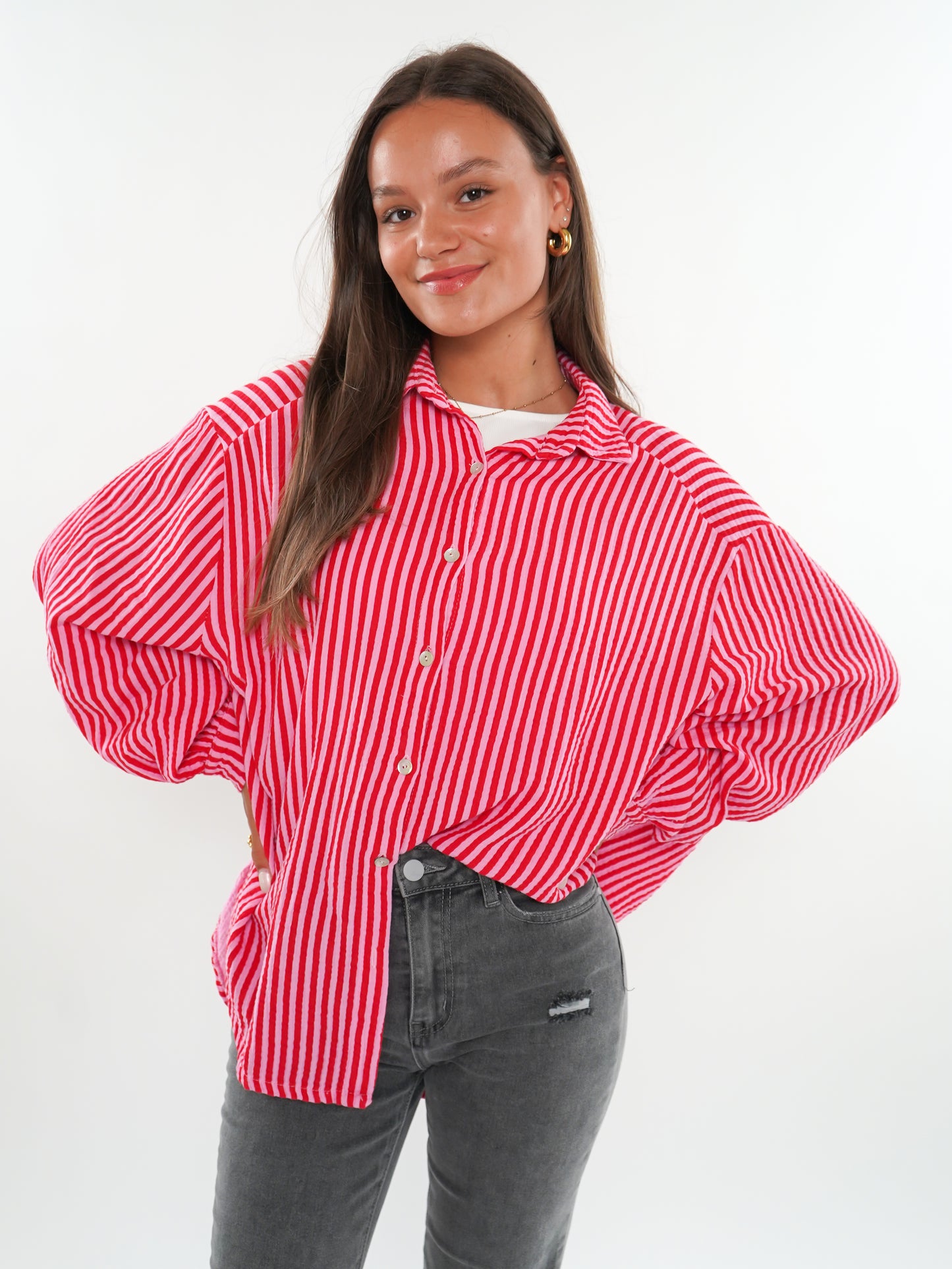 Musselinbluse Stripes kurz - Rosa/Rot