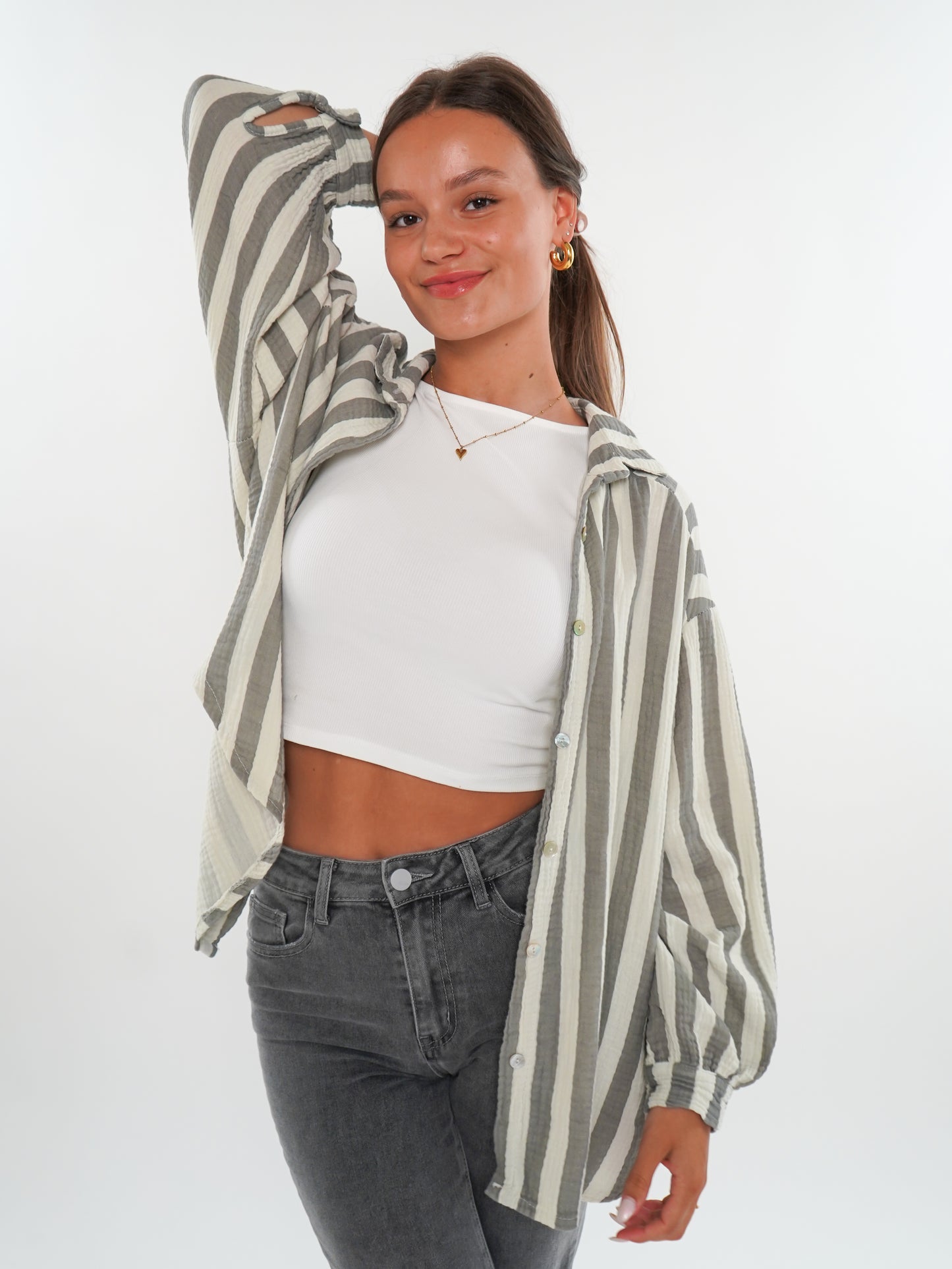 Musselinbluse Bold Stripes kurz - Creme/Grau