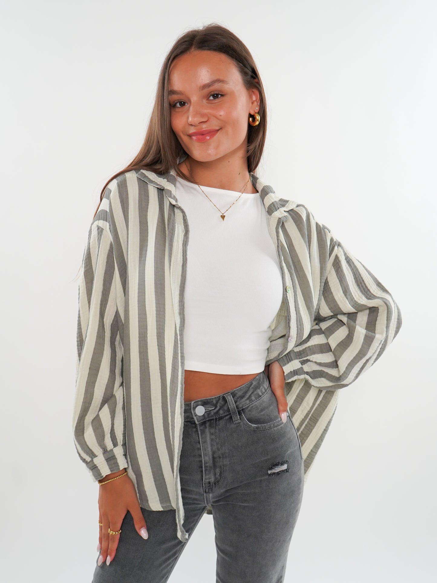 Musselinbluse Bold Stripes kurz - Creme/Grau