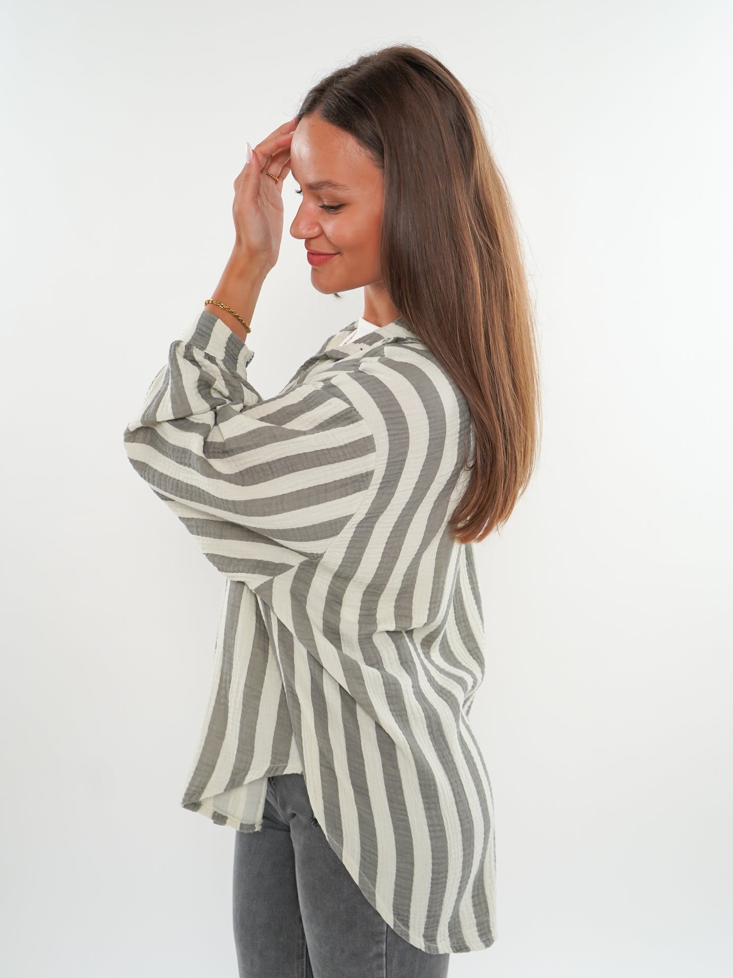 Musselinbluse Bold Stripes kurz - Creme/Grau