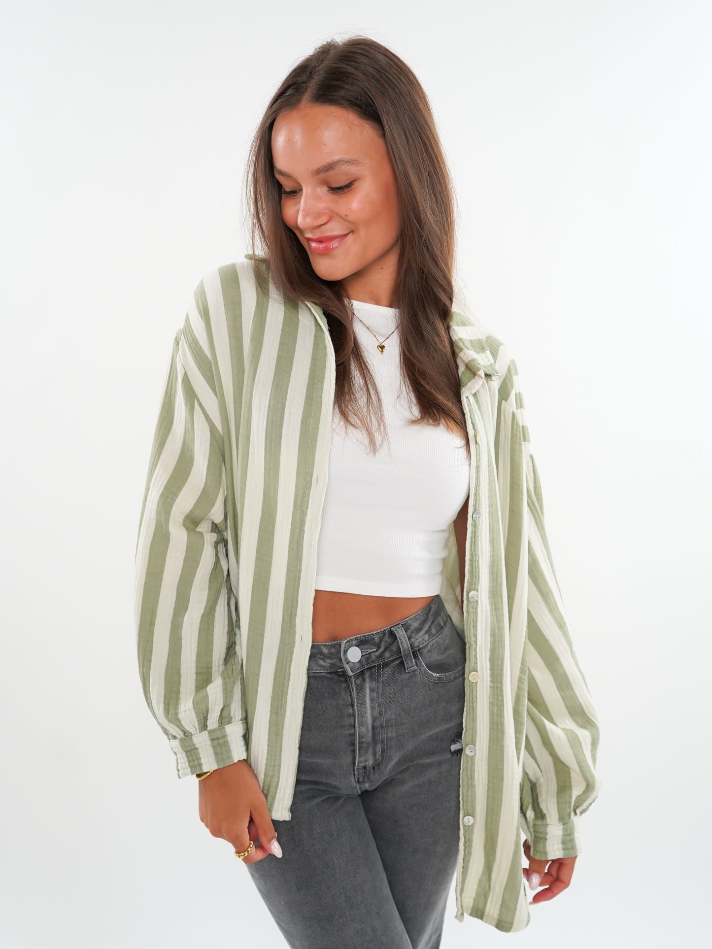 Musselinbluse Bold Stripes kurz - Weiß/Khaki