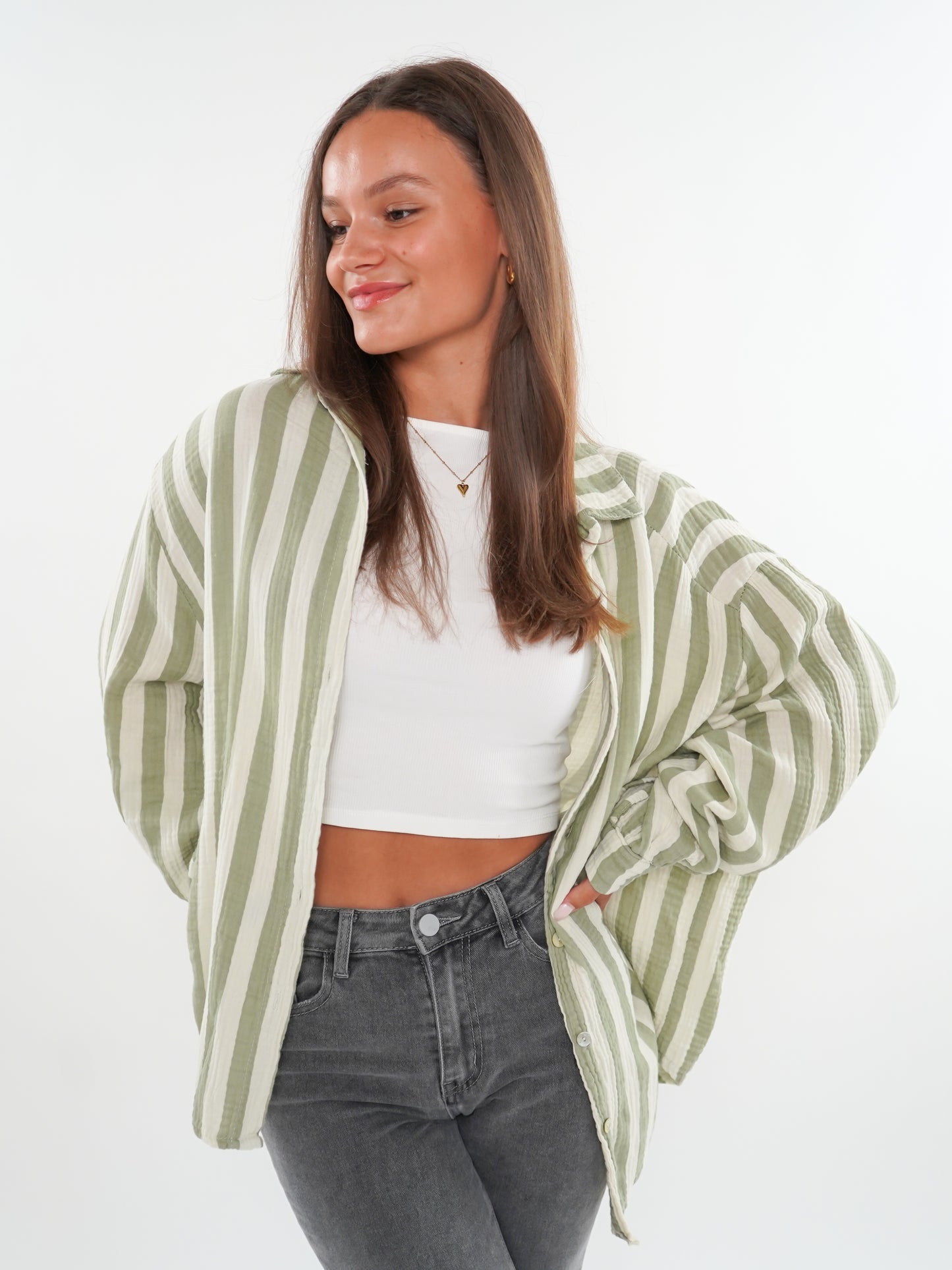 Musselinbluse Bold Stripes kurz - Weiß/Khaki