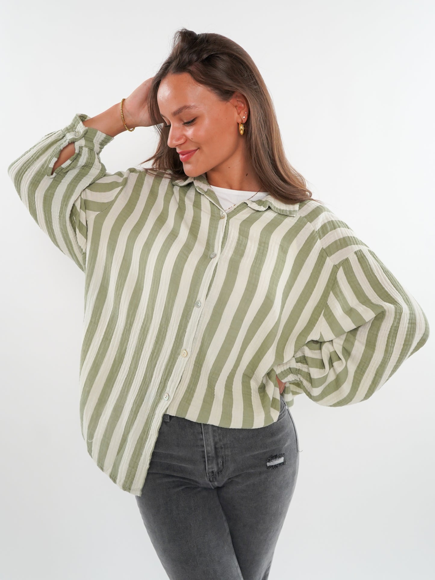 Musselinbluse Bold Stripes kurz - Weiß/Khaki