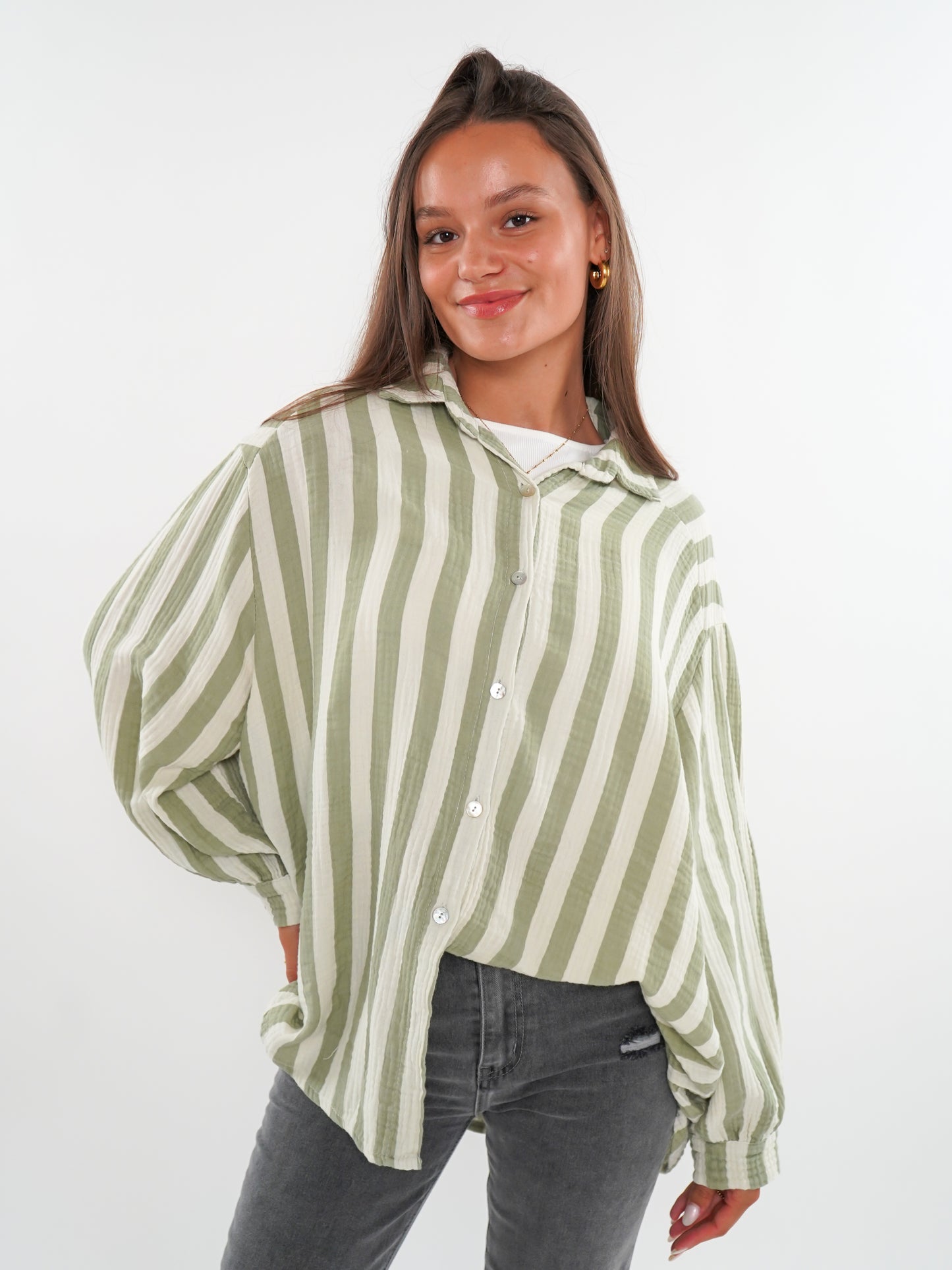 Musselinbluse Bold Stripes kurz - Weiß/Khaki