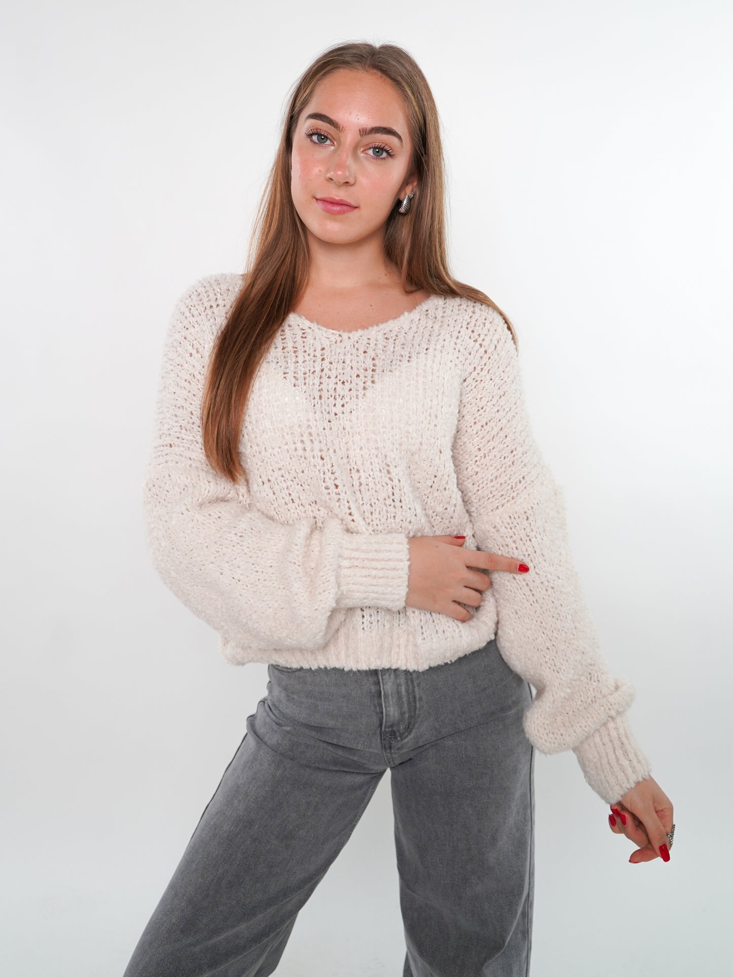 Bouclé Moment Strickpullover - Weiß