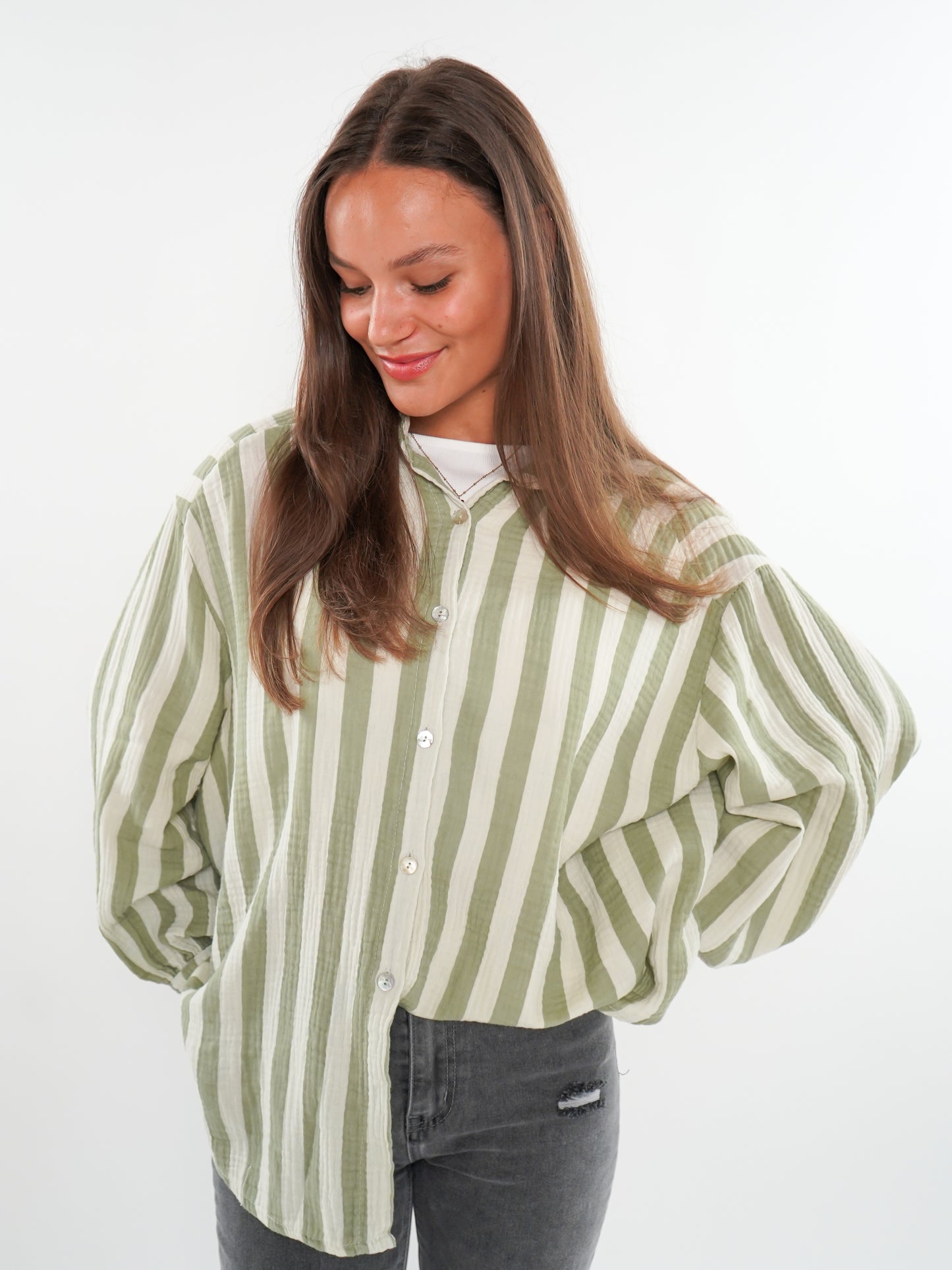 Musselinbluse Bold Stripes kurz - Weiß/Khaki